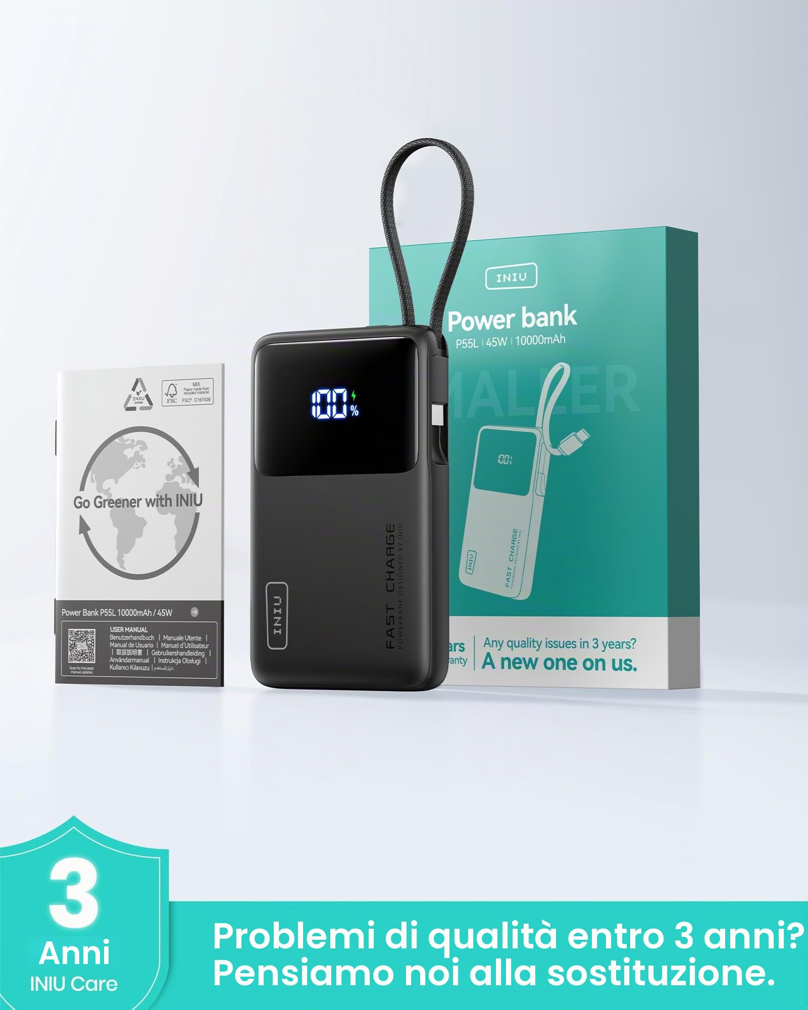 INIU Power Bank con cavo USB C integrato, 45 W 10000 mAh PD caricabatterie portatile a ricarica rapida tipo C, batteria esterna più piccola e leggera per iPhone 16/15 Pro Galaxy S25 Google iPad Travel