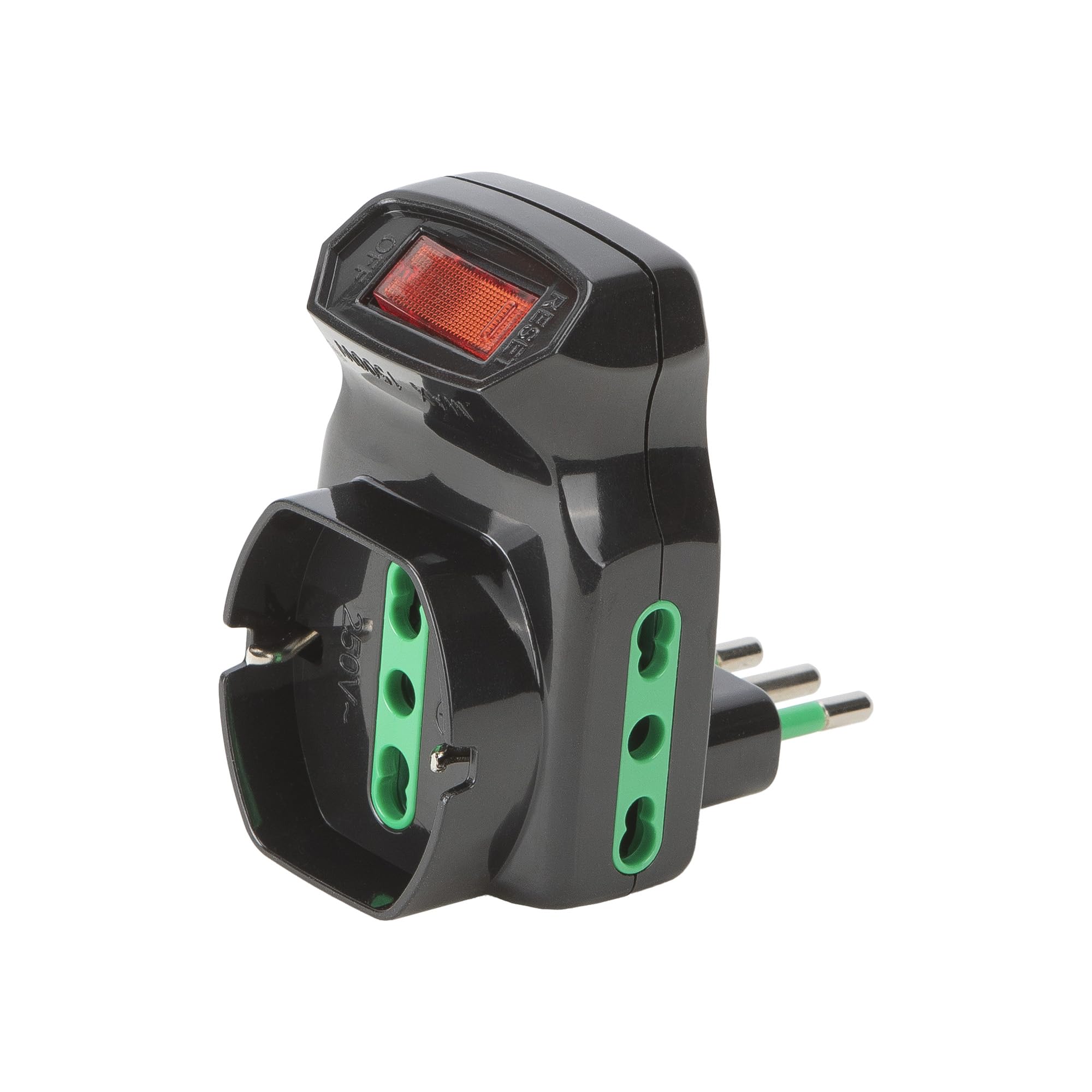 FANTON Adattatore triplo spina piccola 10A 2 prese bipasso 16A 1 presa bipasso italo/tedesca schuko con interruttore protezione sovraccarico NERO