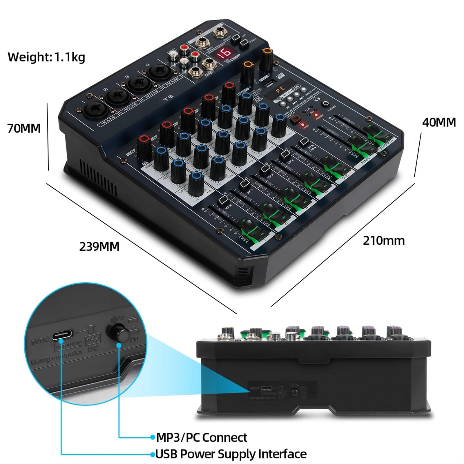 Mixer audio, Tabella audio T6 Mixer audio-dio Processore scheda a 6 canali Interfaccia controller 16DSP for PC Registrazione Streaming Per karaoke