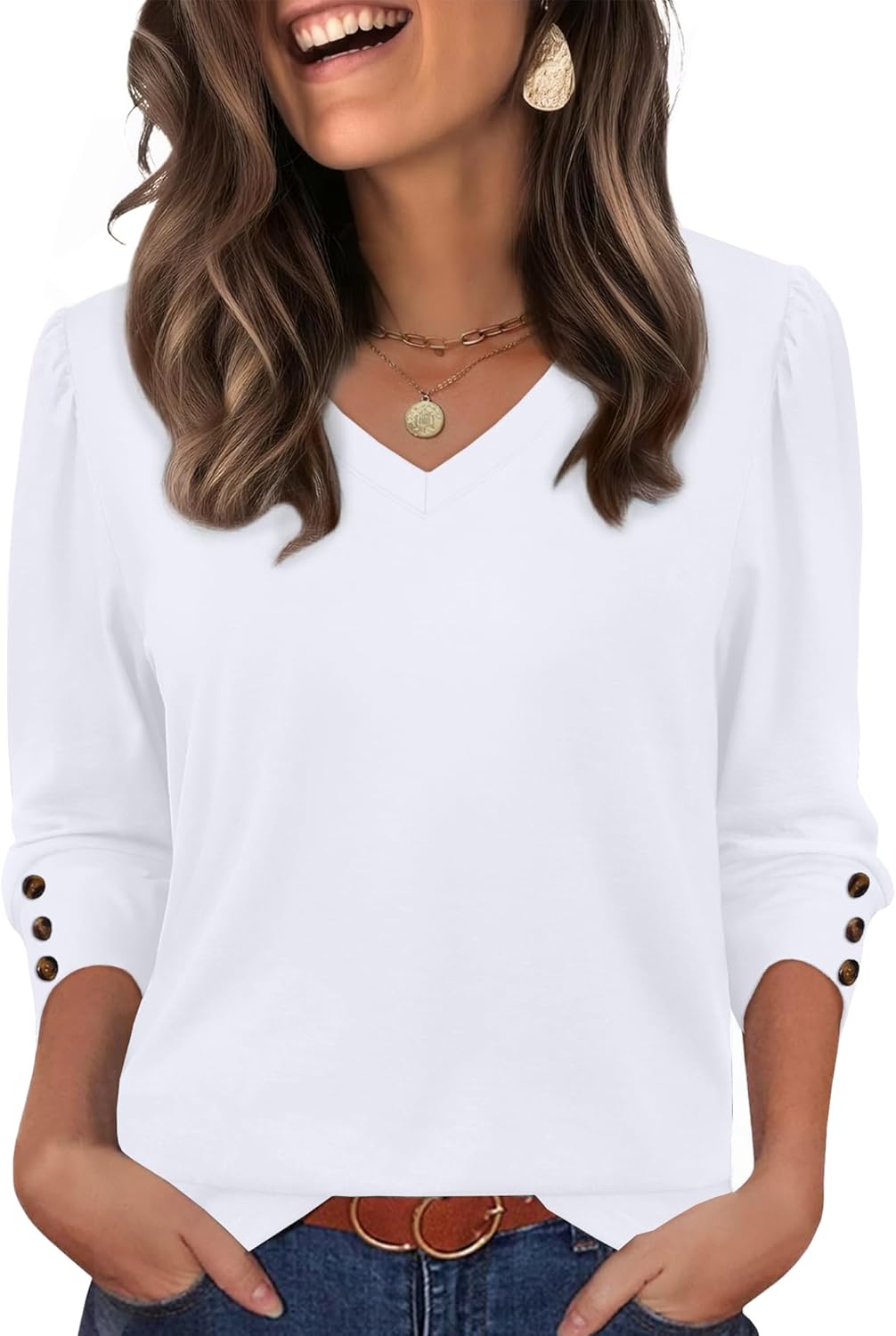 XIEERDUO Womens 3/4 Sleeve Tops with Buttons V-Neck Summer Outfits Casual Blouses Shirts Beach Vacation Fall Clothes 2025 - Image 3