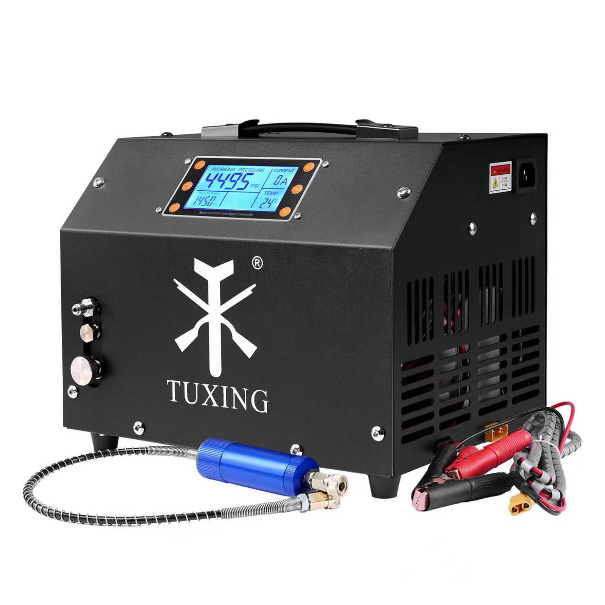 TUXING PCP 4500Psi Sprężarka powietrza, regulowana sprężarka wysokociśnieniowa z automatycznym zatrzymaniem, wersja z wyświetlaczem LCD, wyposażona w system chłodzenia wodą, zbiornik do nurkowania