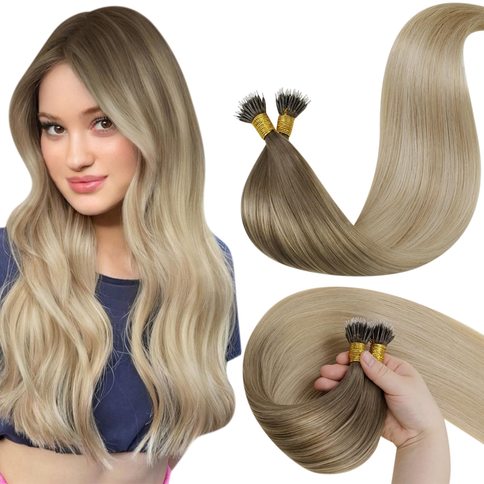 LaaVoo Nano Hair Extensions Real Human Hair 100g Full Head Nano Beads Hair Extensions Balayage Light Brown to Dark Blonde with Light Blonde Invisible Nano Ring Straight Remy Hair 100s 20 Inch #8/18/60