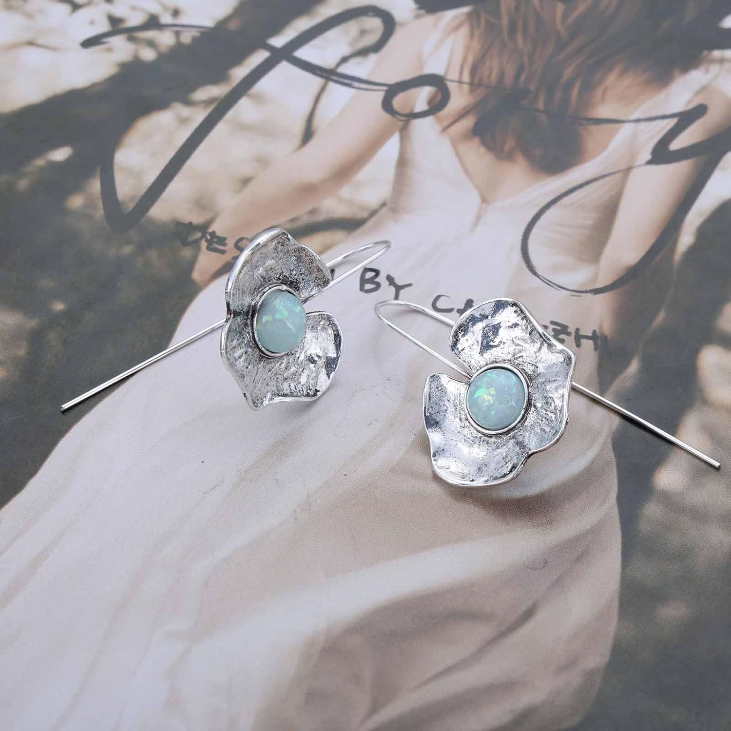 Boho Gemstone Flower Dangle Earrings Flower Threaded Earrings Silver Floral Drop Earrings Floral Stone Earrings Metal Flower Earrings Jewelry for Women - Image 3