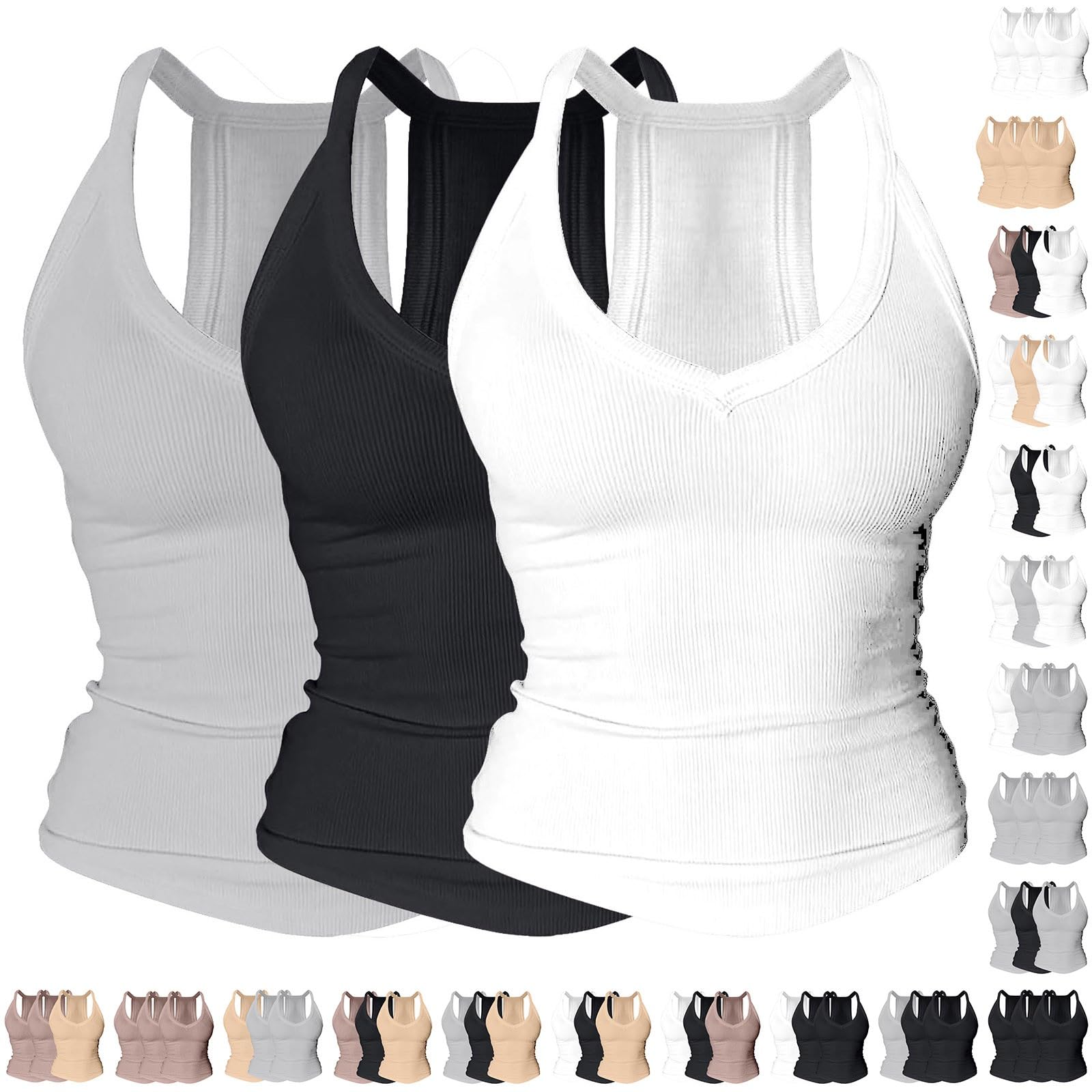 Generico Confezione da 3 Pezzi - Canotta Donna Scollo A V Racerback, Canottiera A Costine Imbottita Lunga, Tank Top Slim Fit Aderente Senza Maniche, Maglietta Allenamento Palestra Yoga Basic Estiva