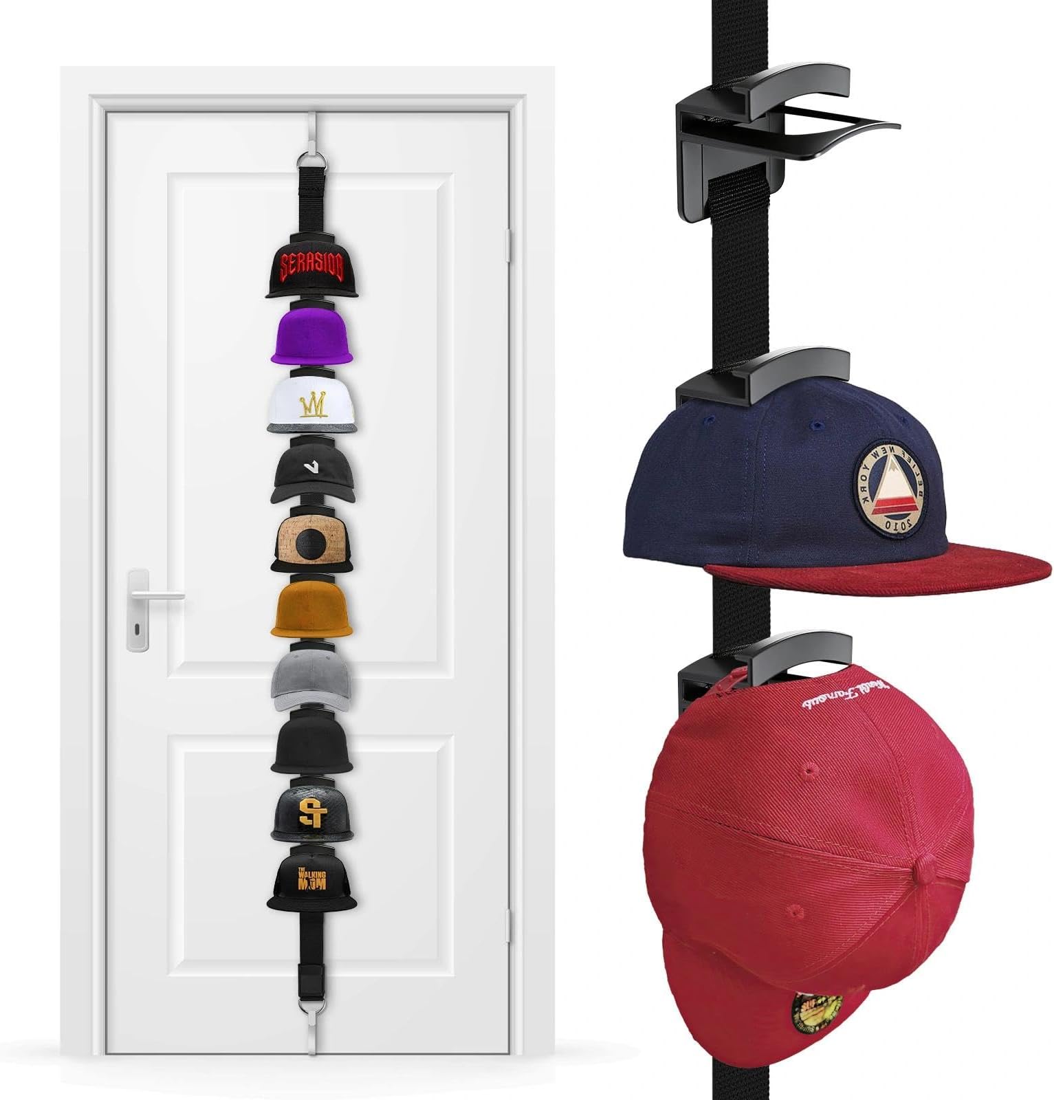 10Pcs Hat Rack for Baseball Caps, Two-Way Hanging Hat Stand Storage Cap Holder Cap Hanger with Hanging Hooks for Door and Closet, Black
