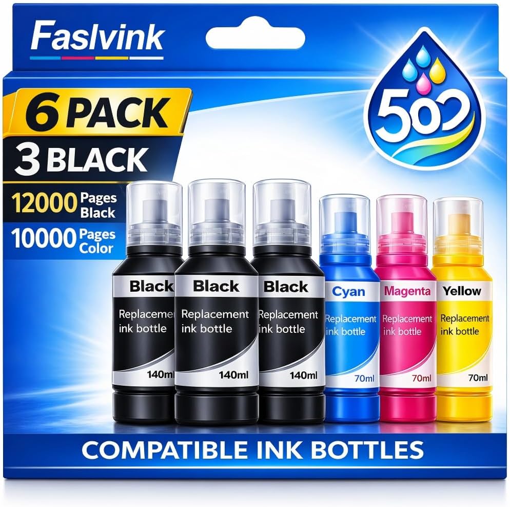 Compatible Ink Refill Bottles Replacement for Epson 502 Ink Refill Bottles Work with Epson EcoTank ET-2850 ET-3850 ET-4850 ET-15000 ET-2760 ET-2750 Printer(6 Pack)