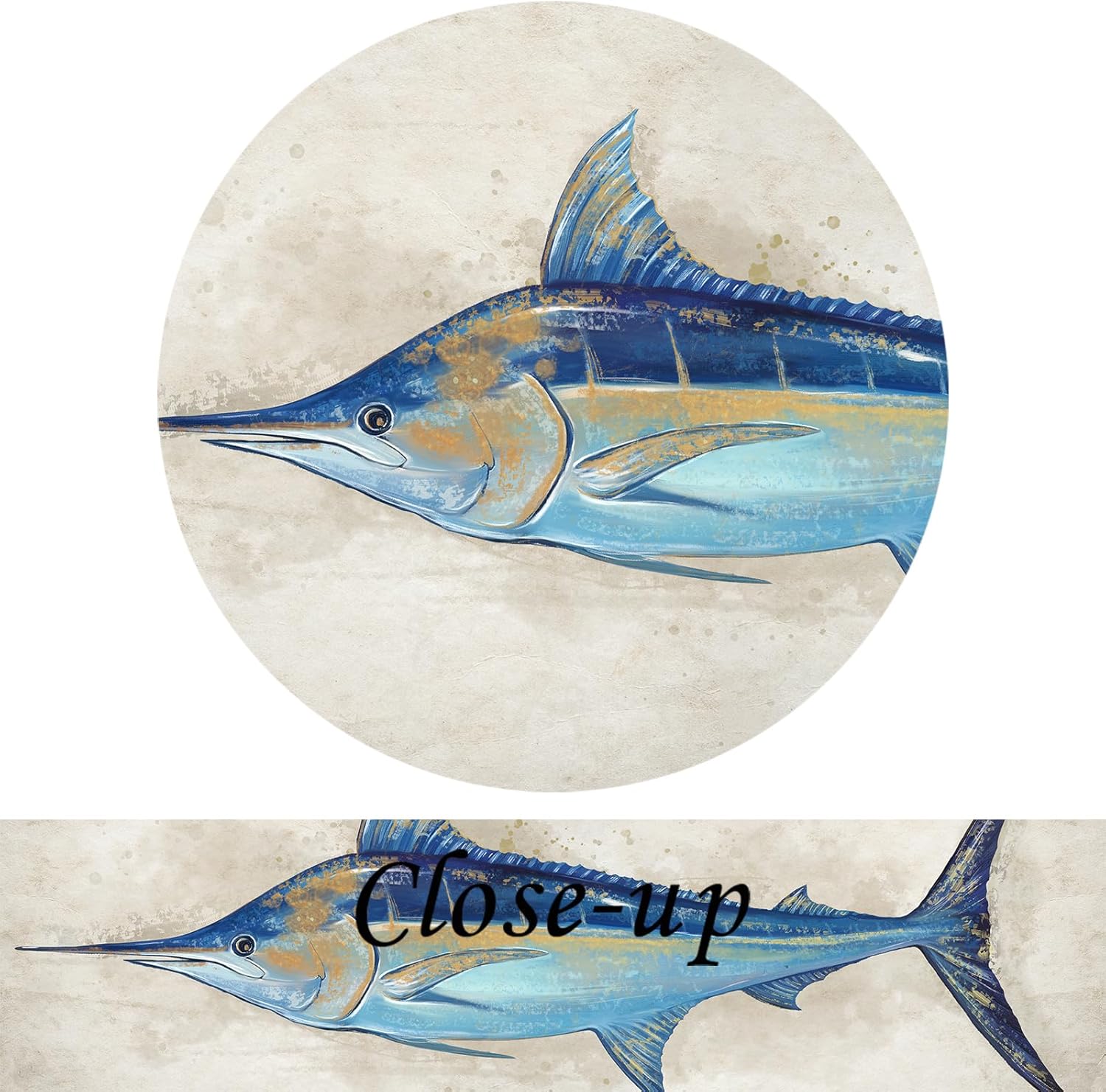 KREATIVE ARTS Vintage Marlin Fish Canvas Wall Art - Ocean and Beach Theme Nautical Coastal Animal Print, Blue and Gold Giclee Painting for Bathroom or Bedroom Décor 20x40