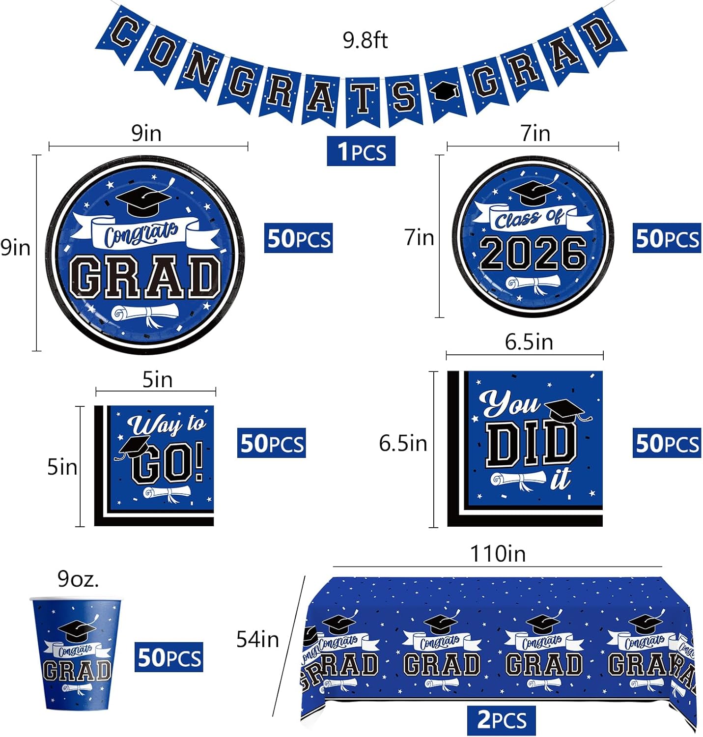DAZONGE Graduation Decorations 2026 Blue, 265pcs Graduation Party Decorations 2026, Disposable Tableware Set for 50 Guests, Plates, Cups, Tablecloth with Congrats Grad Hanging Decor