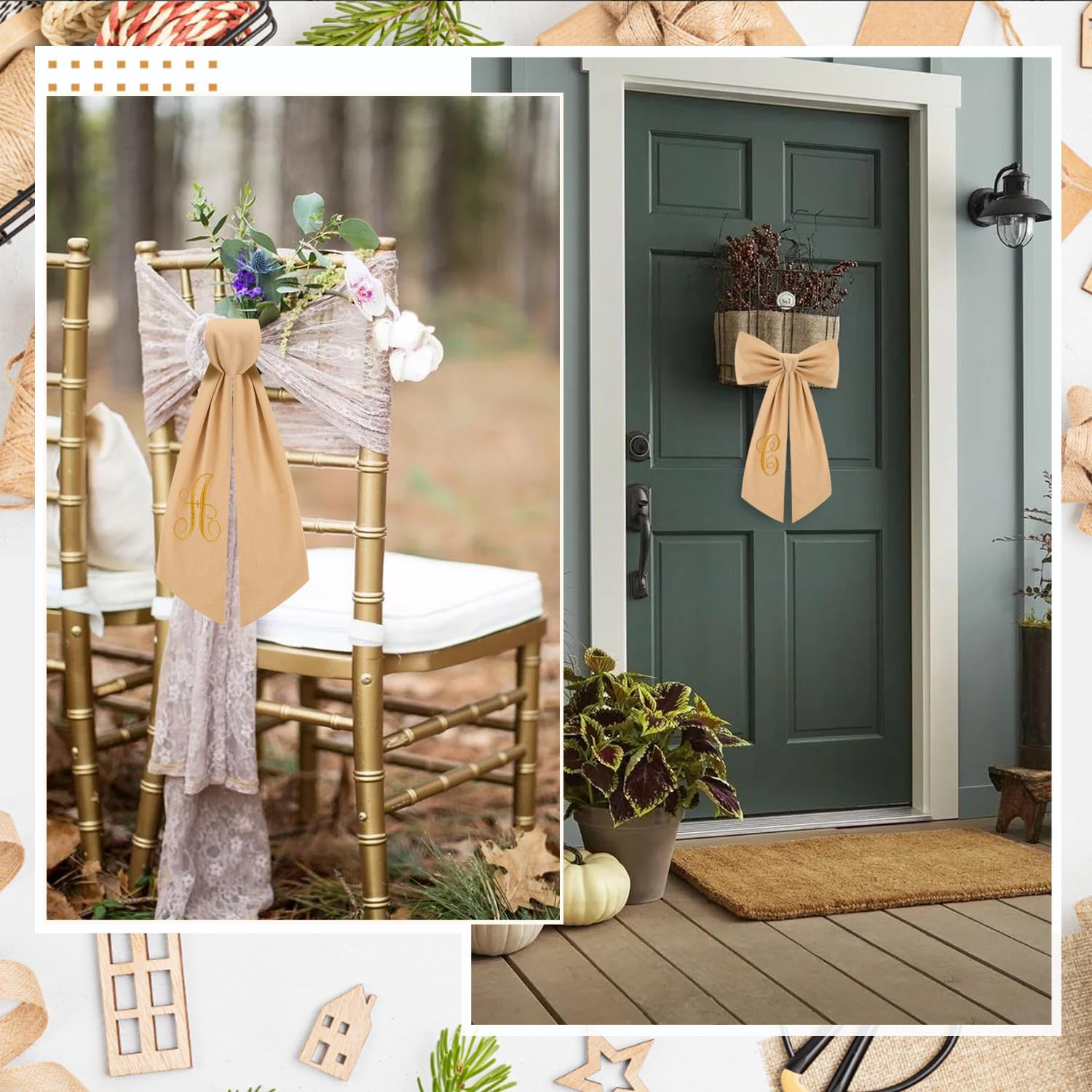 2 Pcs Burlap Wreath Sash, Linen Embroidery Monogram E, Polyester, Burlap, Gold, 5x55 Inches, General Home Decor - Image 6