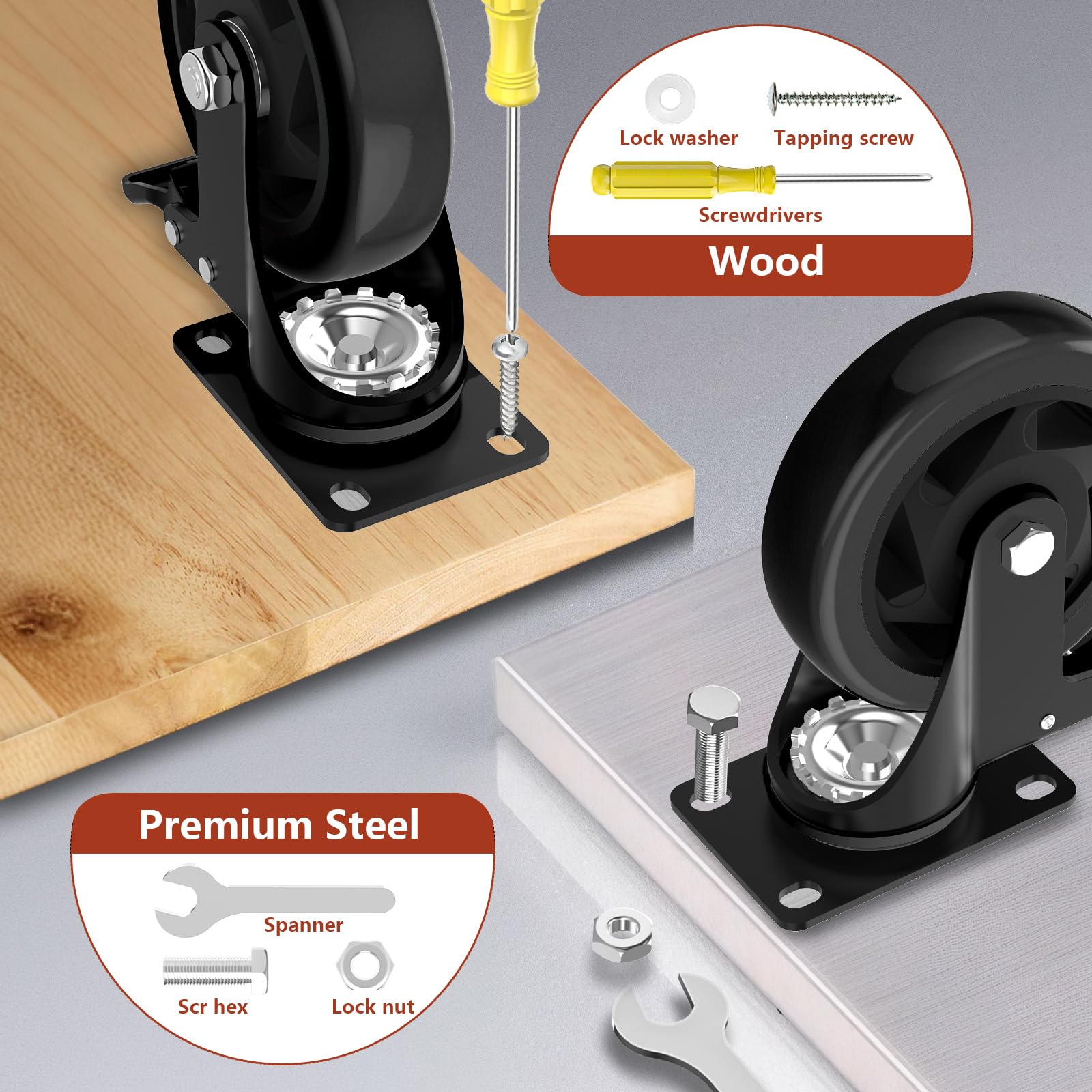 Ruedas giratorias de 4 pulgadas, juego de 4 ruedas giratorias, ruedas giratorias de alta resistencia con freno de 2200 libras, ruedas giratorias industriales con placa superior giratoria con bloqueo