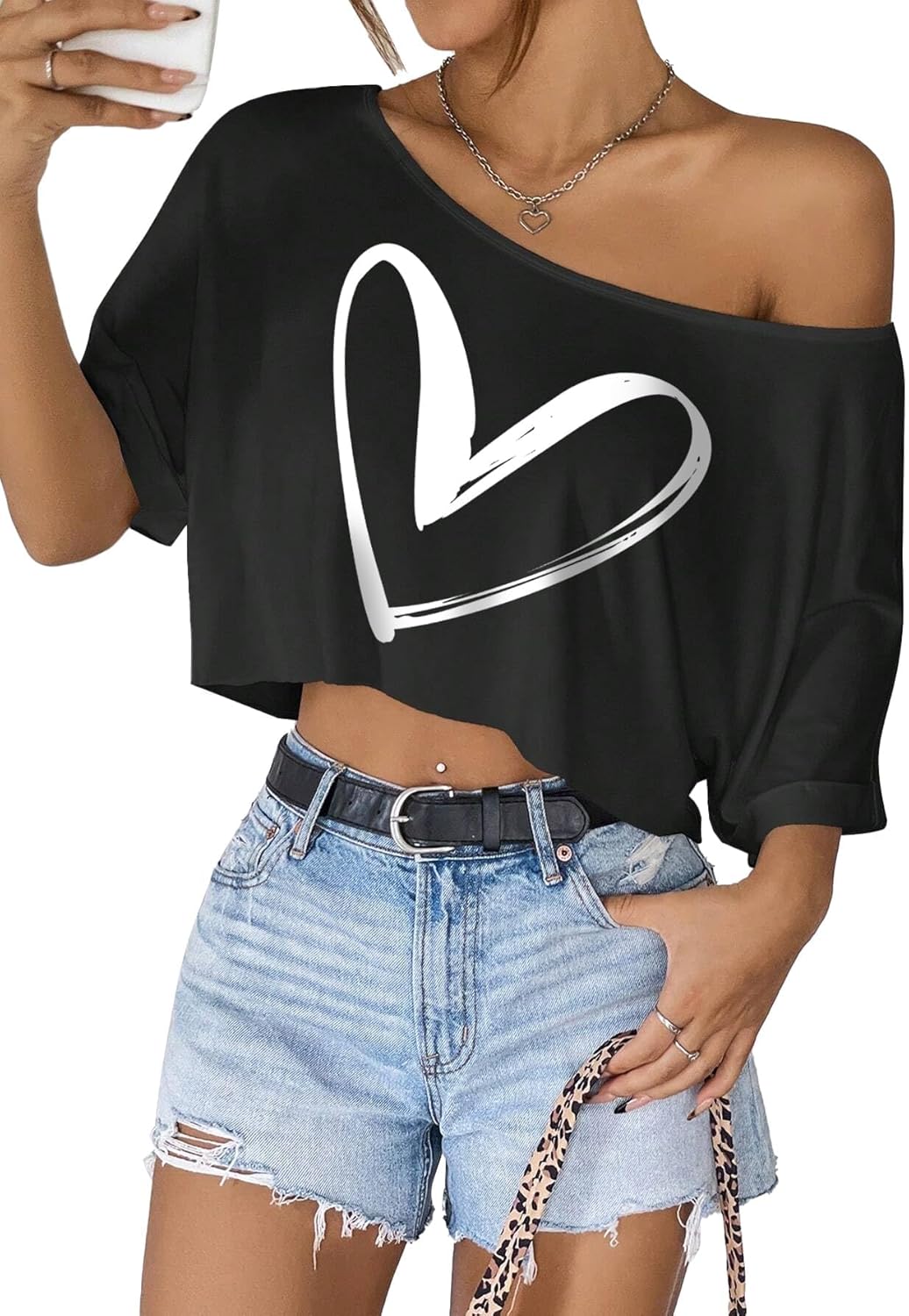 SOFIA'S CHOICE Women's Off Shoulder Crop Tops Loose Boat Neck Short Sleeve T Shirt - Image 3