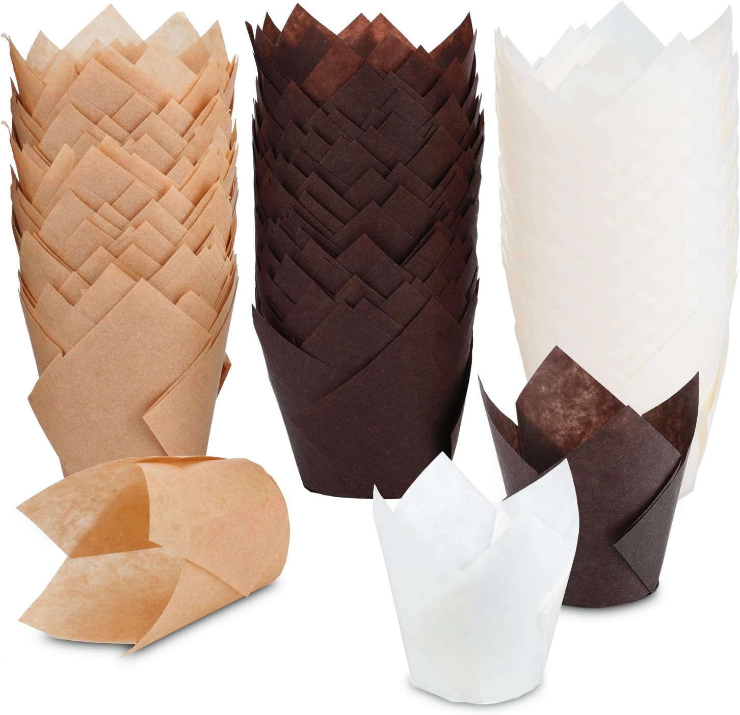 TRUSBER Tulip Cupcake Liners, 150 pieces Baking Cups Baking Cup Holders and Muffin Baking Cups for Wedding, Birthday, Christmas, Baby Shower Parties, Brown, White and Nature color