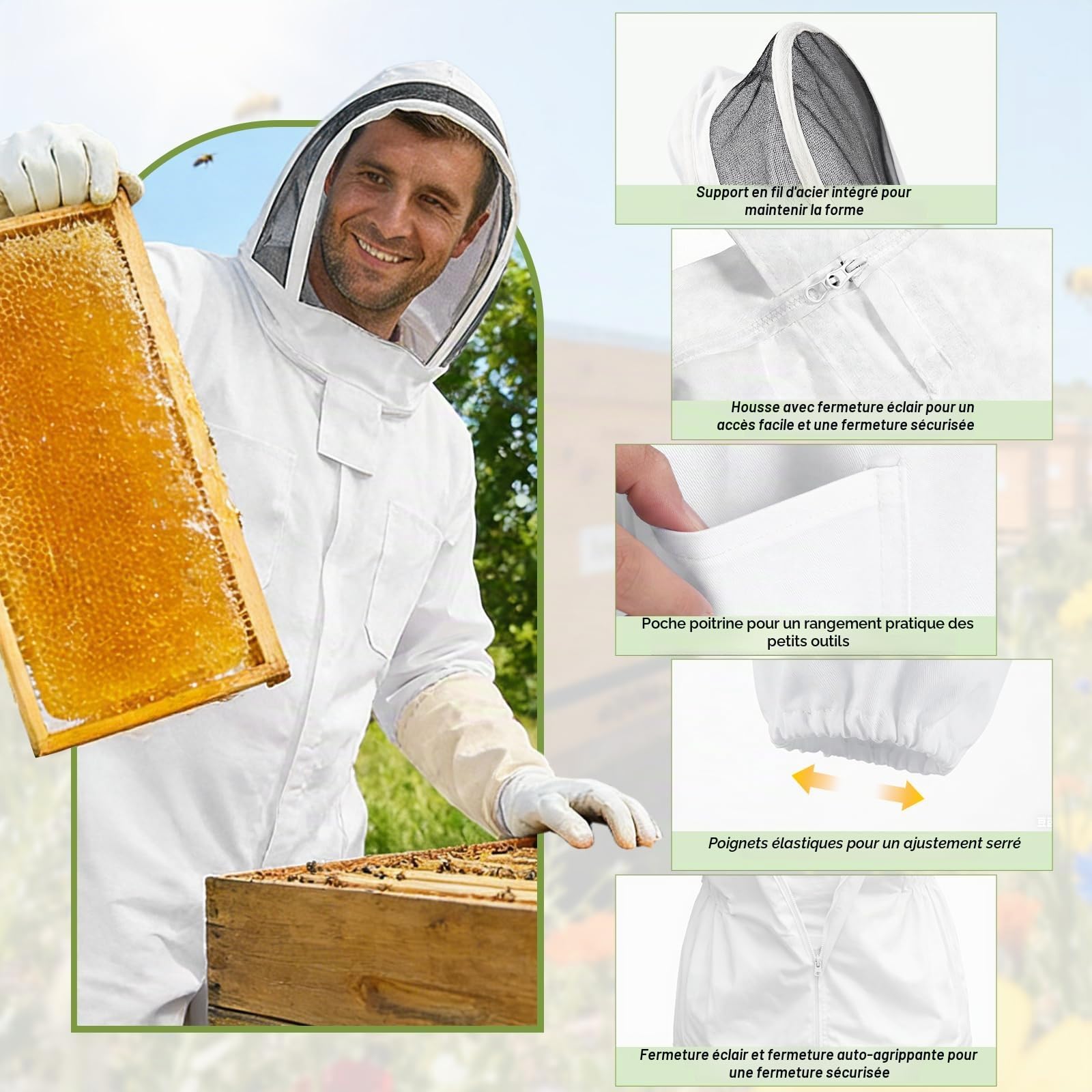 Combinaison d'apiculture - Vêtement de protection complet avec voile, capuche, gants, protection pour le jardin et l'apiculture (XXL)
