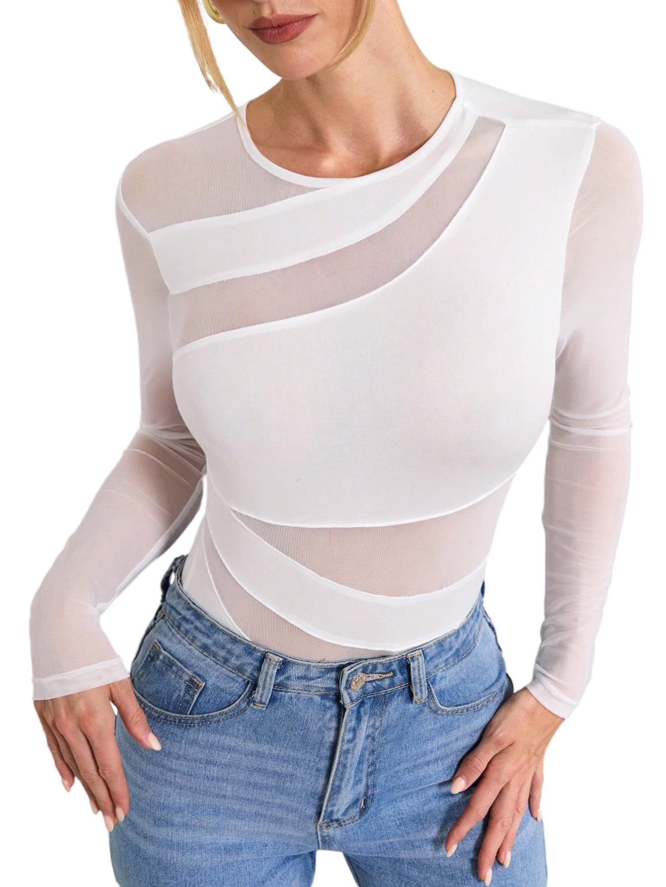 GORGLITTER Body élégant pour femme avec maille transparente - Manches longues - Pour l'automne et les festivals