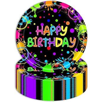 Pack of 50 Happy Birthday Paper Plates 17.8 cm Colourful Glow Paper Plates Children's Birthday Party Plates Luminous Tableware for Birthday Wedding Graduation Anniversary