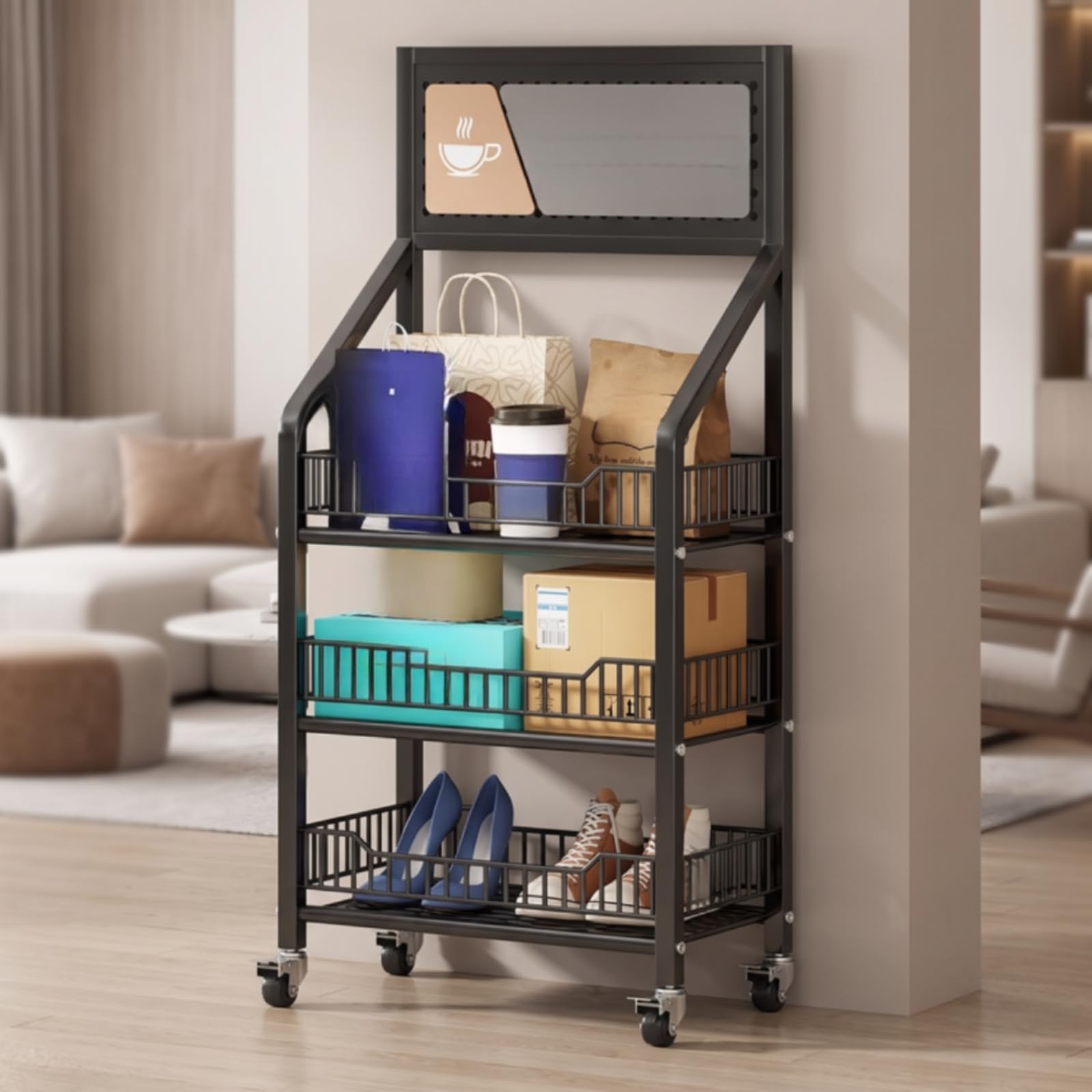 Étagère sur Roulettes avec Crochets Métallique Étagère Rangement avec Roulettes Mobile Meuble pour Cuisine, Bureau, Entrée, Noir, Trois Niveaux 50cm
