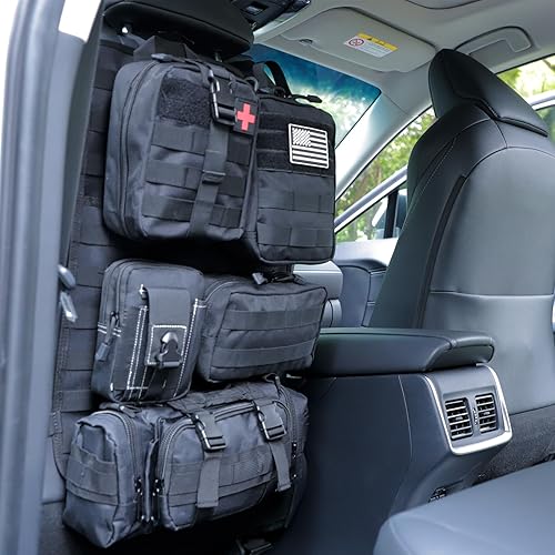 Organizador táctico de respaldo de asiento de automóvil y fundas de asiento de camión de almacenamiento con un panel de vehículo Molle y 5 bolsas