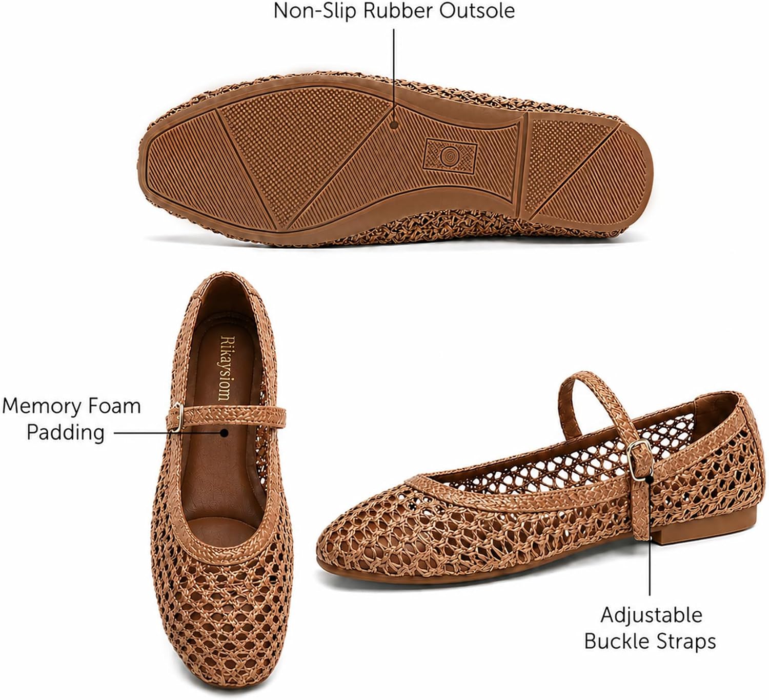 Women Mary Jane Woven Flats Dressy Ballet Flats with Square Toe Adjustable Strap Comfortable Work Shoes Lightweight Non Slip Casual Flats