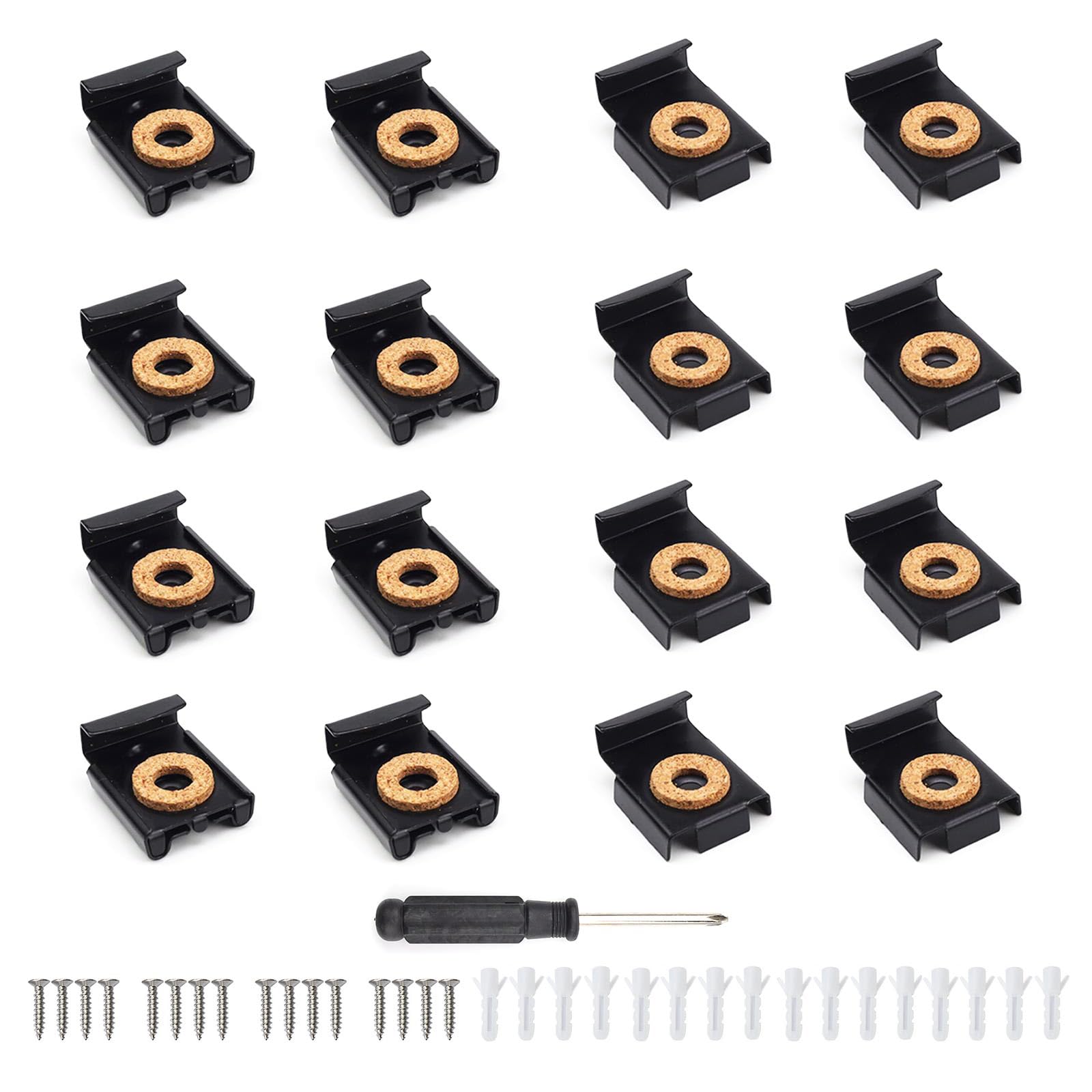 WJUAN 4 Sets (16 Pieces) Black Spring Loaded Mirror Holder - Height-Adjustable Wall Mount with Cork Support for Bathroom and Room Mirrors up to 12 kg