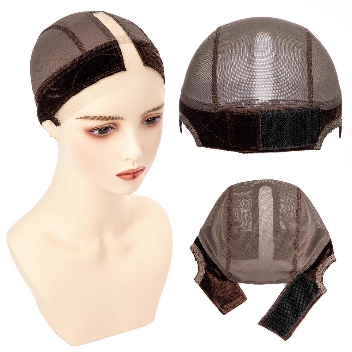 Wig Caps with Grip Band for Keeping Wigs in Place T-shape Wig Caps for Women Adjustable Wig Grip Cap Band Brown Stocking Wig Caps Wide HD Transparent