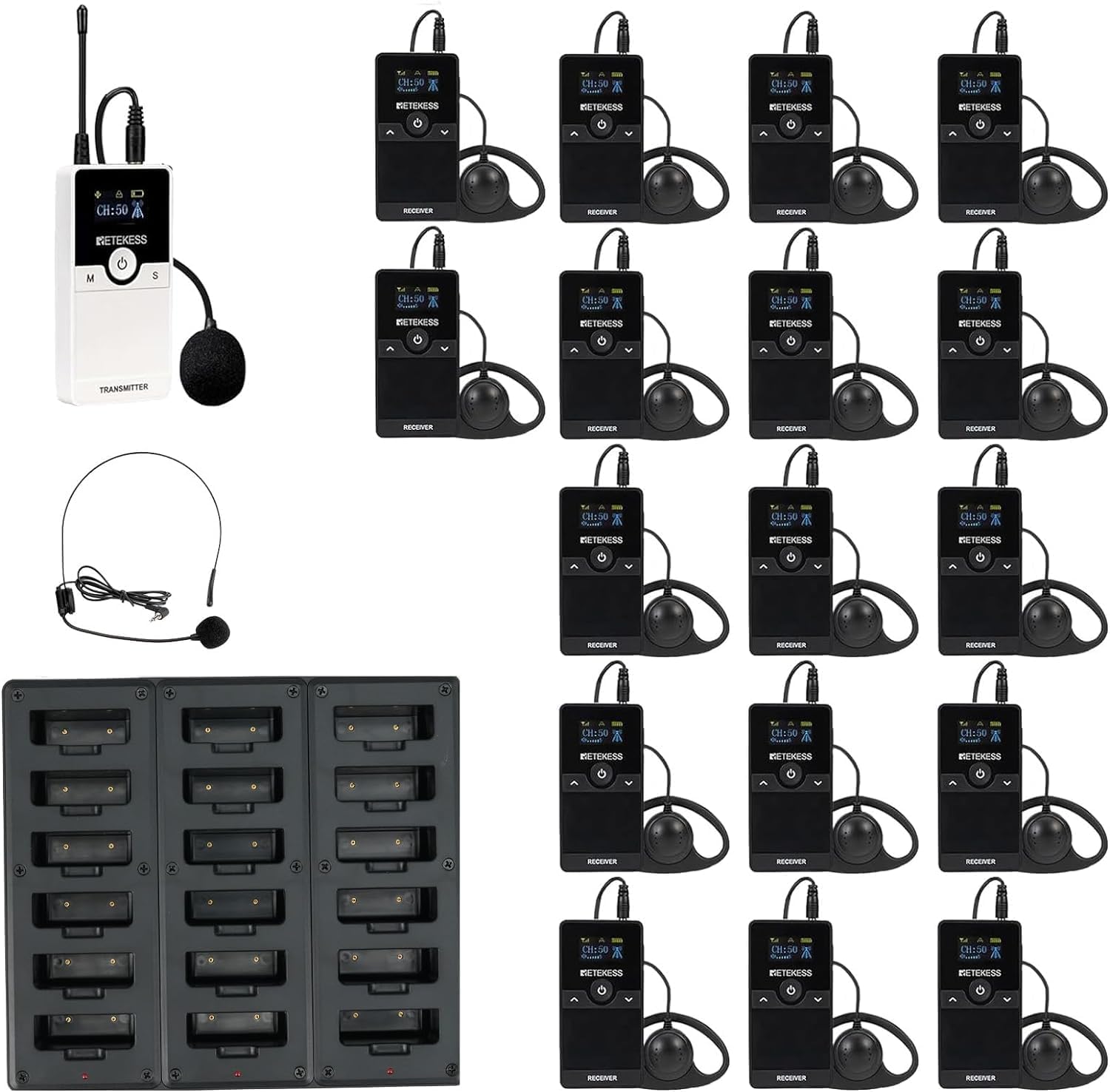 Retekess TT116 Tour Guide System, Système de Guide Touristique sans Fil, Réduction du Bruit, 200M, Systèmes Whisper avec Chargeur 18 Ports pour Usine, Voyage, Université (1 Emetteur 17 Récepteurs)
