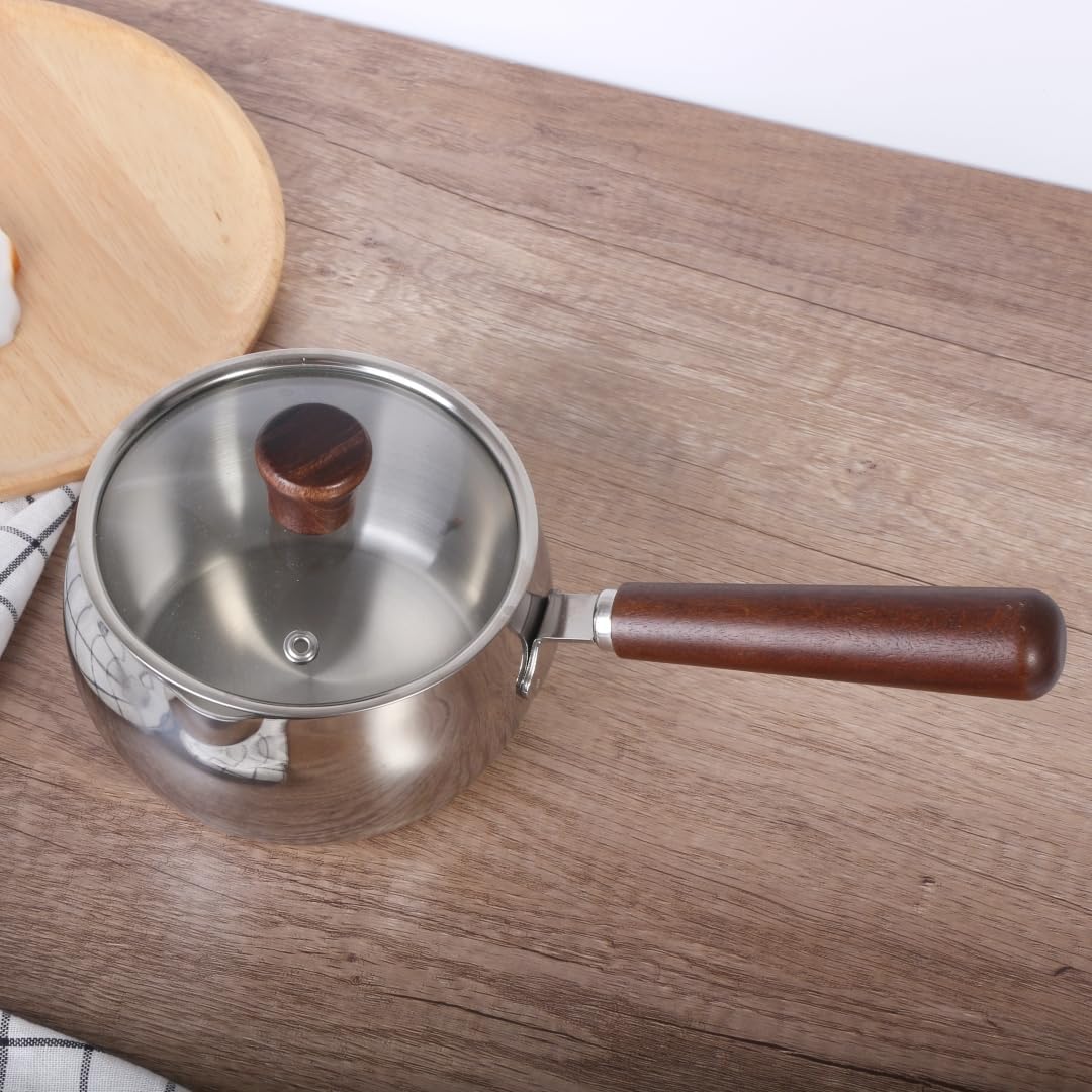 IMEEA 1 Quart Saucepan with Lid Stainless Steel Small Sauce Pan with Wooden Handle Kitchen Cooking Sauce Pot