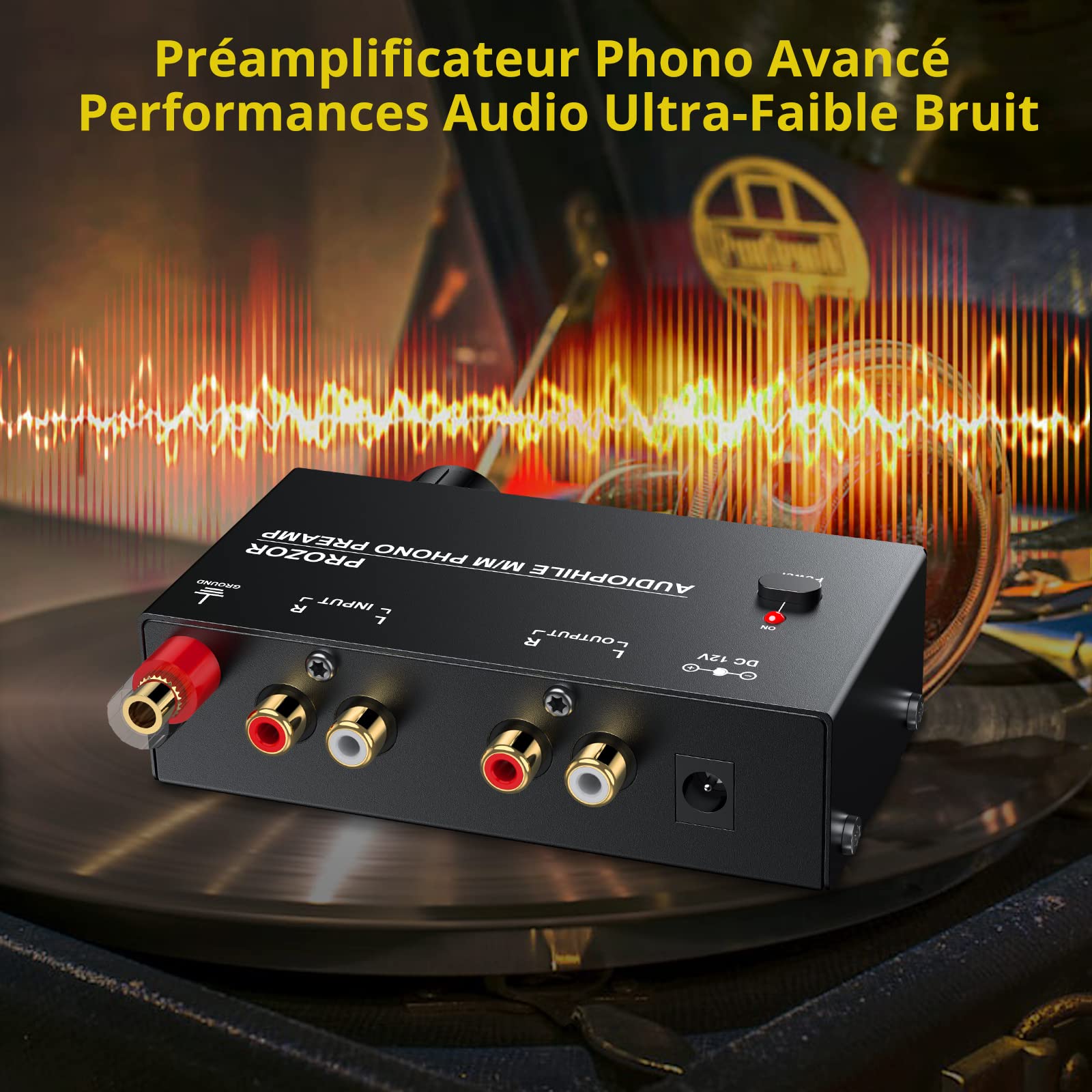PROZOR Préamplificateur Phono Conversion du Signal L/R Ampli pour Platine Vinyle Commutateurs de Puissance à Faible Bruit avec Interrupteur d'alimentation (PRR021)
