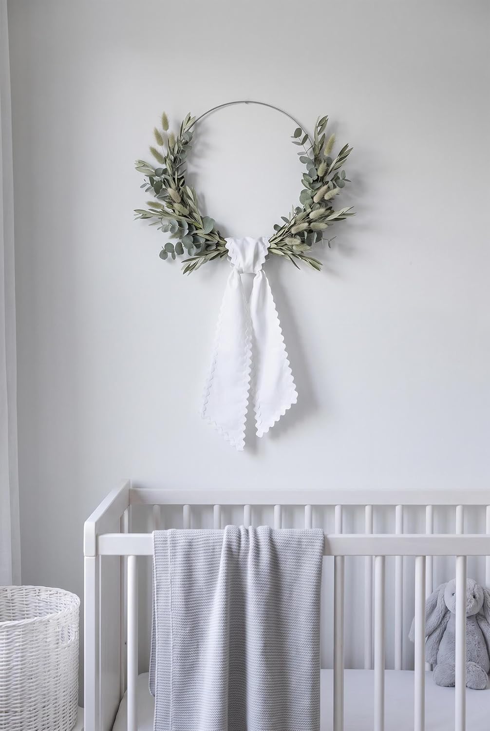 White Wreath Sash for Front Door, Scalloped RIC Rac Trim with Tapered Pointed Ends, 4.5x56 Inch Ribbon Bow for Wedding and Bridal Shower Decor