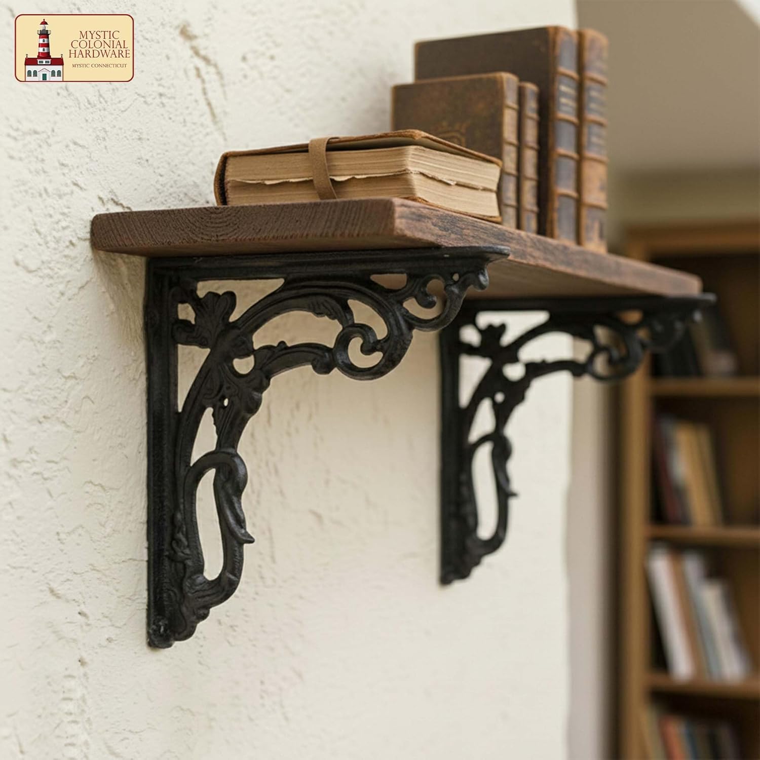 Mystic Colonial 9" x 7.5" Heavy Duty Cast Iron Shelf Brackets Decorative L-Shaped Black Wall Supports – Vintage Victorian, Gothic, Steampunk, Baroque & Farmhouse Style Hardware : Pack of 2