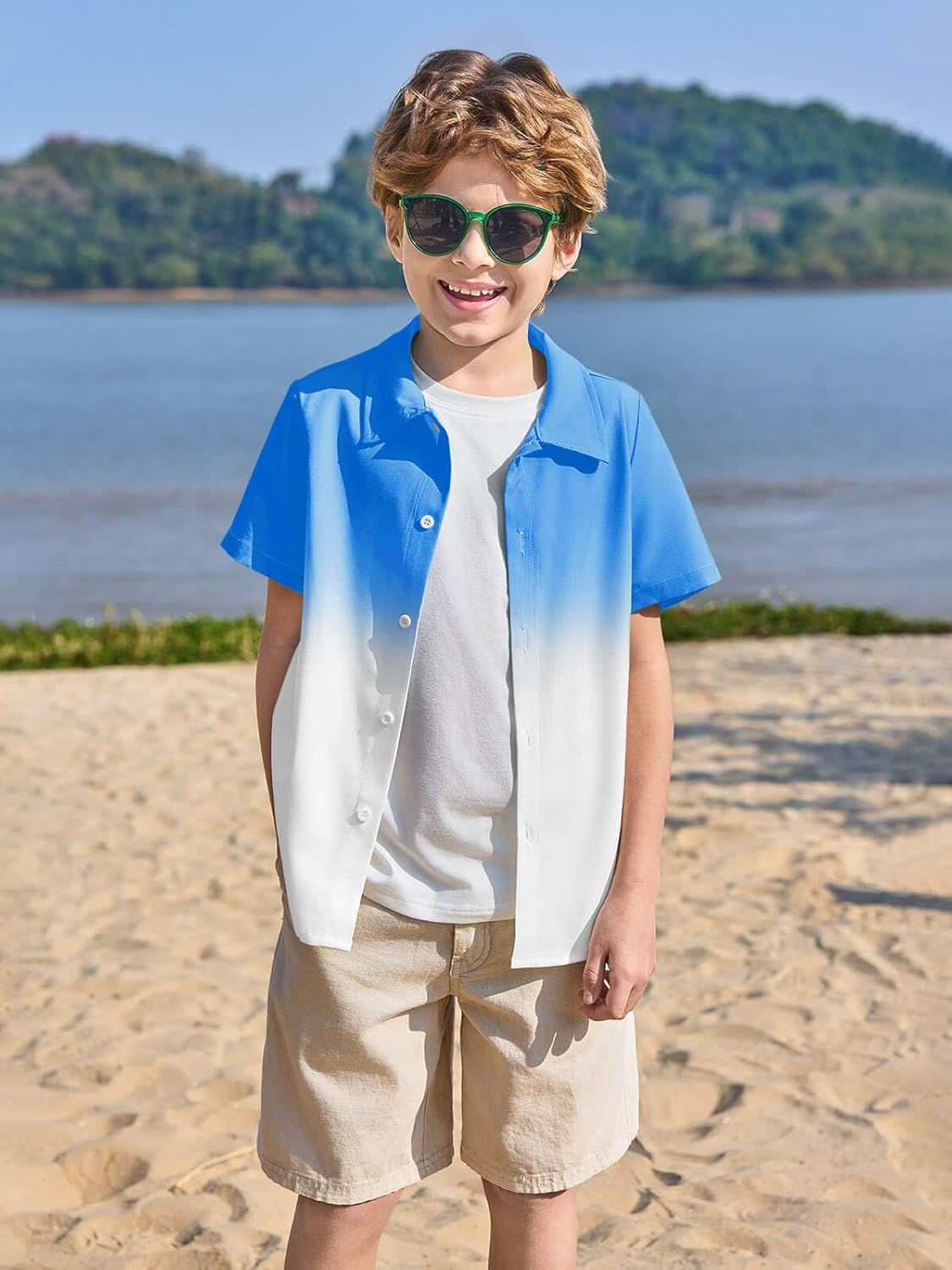 Haloumoning Boys Button Down Shirts Short Sleeve Gradient Shirt Kids Summer Casual Beach Hawaiian Shirts 5-14Y - Image 4