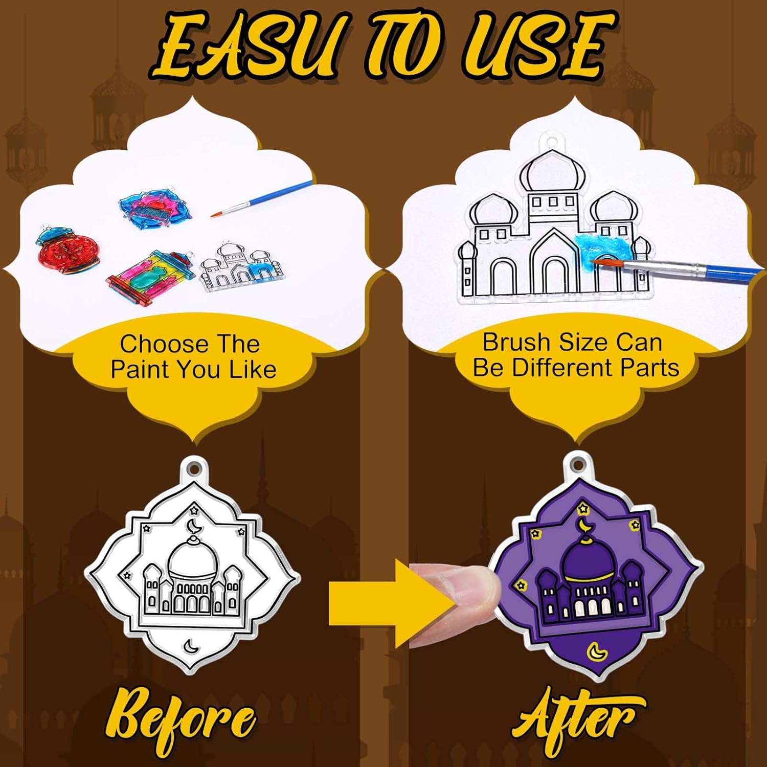 Cholemy 24 Sets Eid Al Fitr Sun Catcher Kit Include Suncatcher Craft with Paints Suction Cups Fishing Thread, Islamic DIY Window Art Kit Paintable Suncatchers Eid Al Fitr Decorations for Gifts