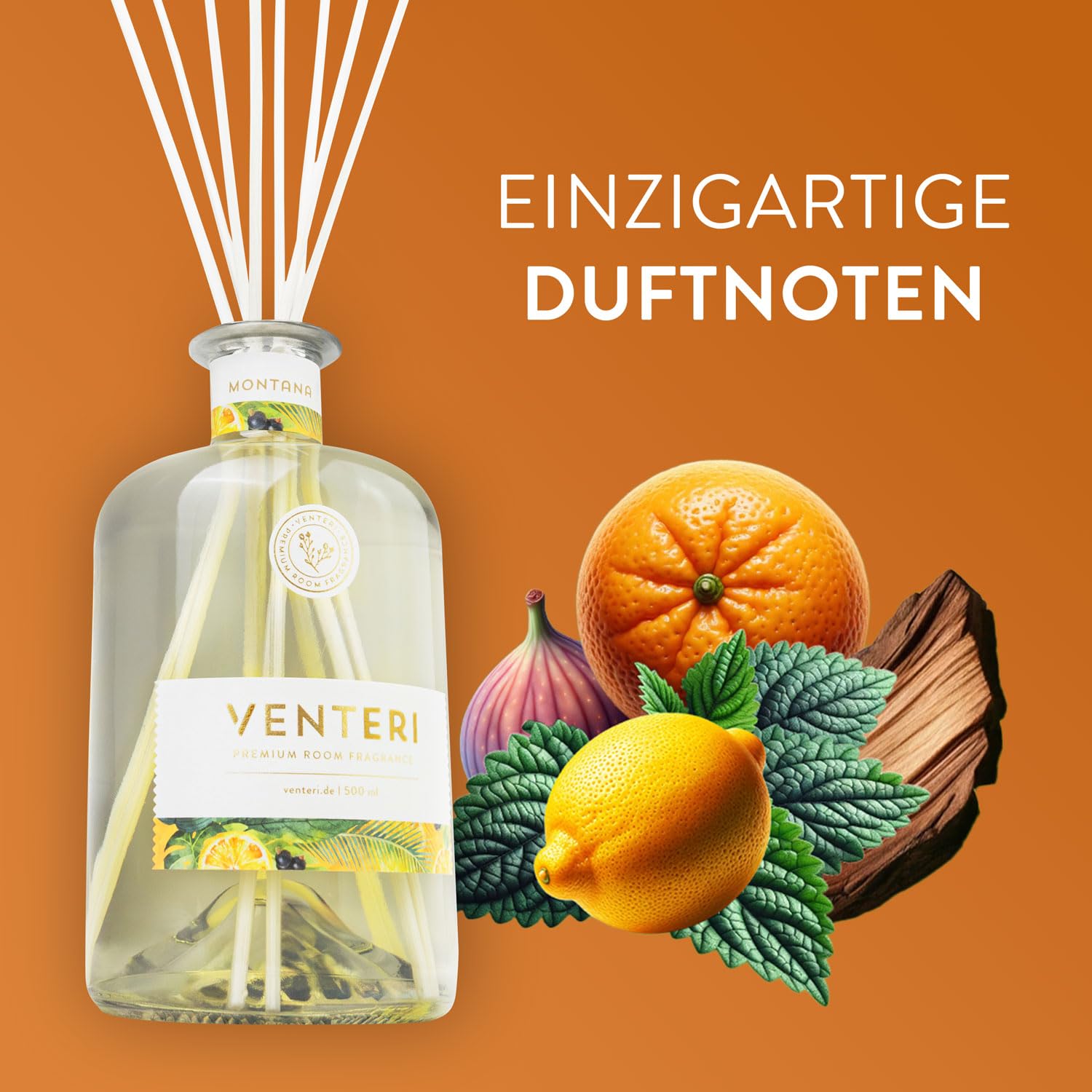 Venteri Montana Diffuseur de parfum d'ambiance 500 ml, avec 8 bâtonnets parfumés et élégant désodorisant, parfum d'ambiance et parfum de bain, agrumes naturels et notes de bois pour le désodorisant à