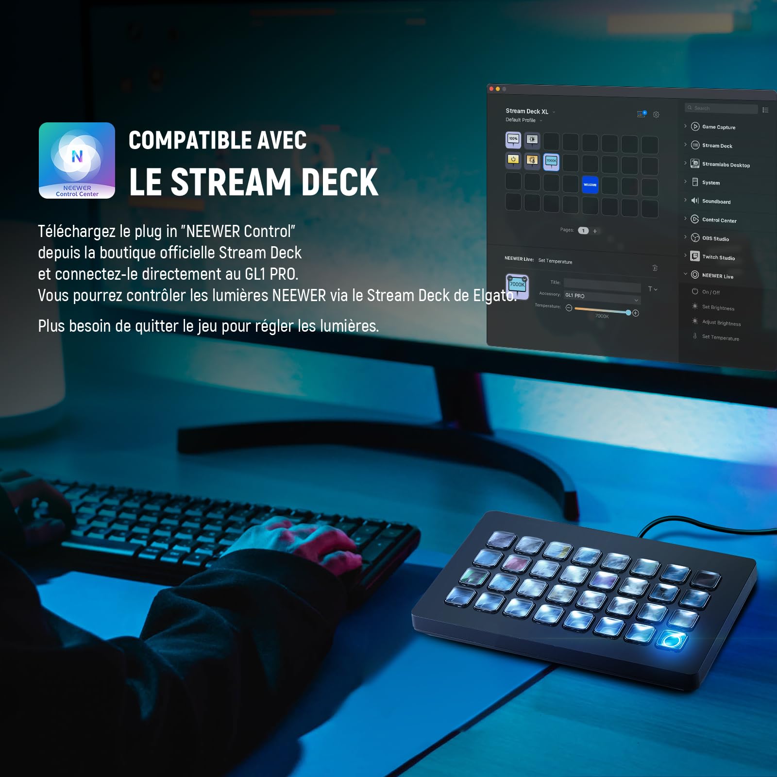 NEEWER GL1 Pro 15,5" Key Light Streaming Éclairage Panneau avec APP Contrôle 2,4G pour PC/Mac iOS/Android Lumière LED 2800Lumens Fixation de Bureau Compatible avec Elgato Stream Deck Gaming Photo,Zoom