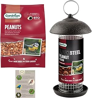Peanuts Wild Bird Seed Feeder Set - 1x Peanuts 1kg, Black Steel Peanuts Feeder, 1x CHG Guide - Hanging Feeding Station & High Energy Nuts for Small Wild Birds