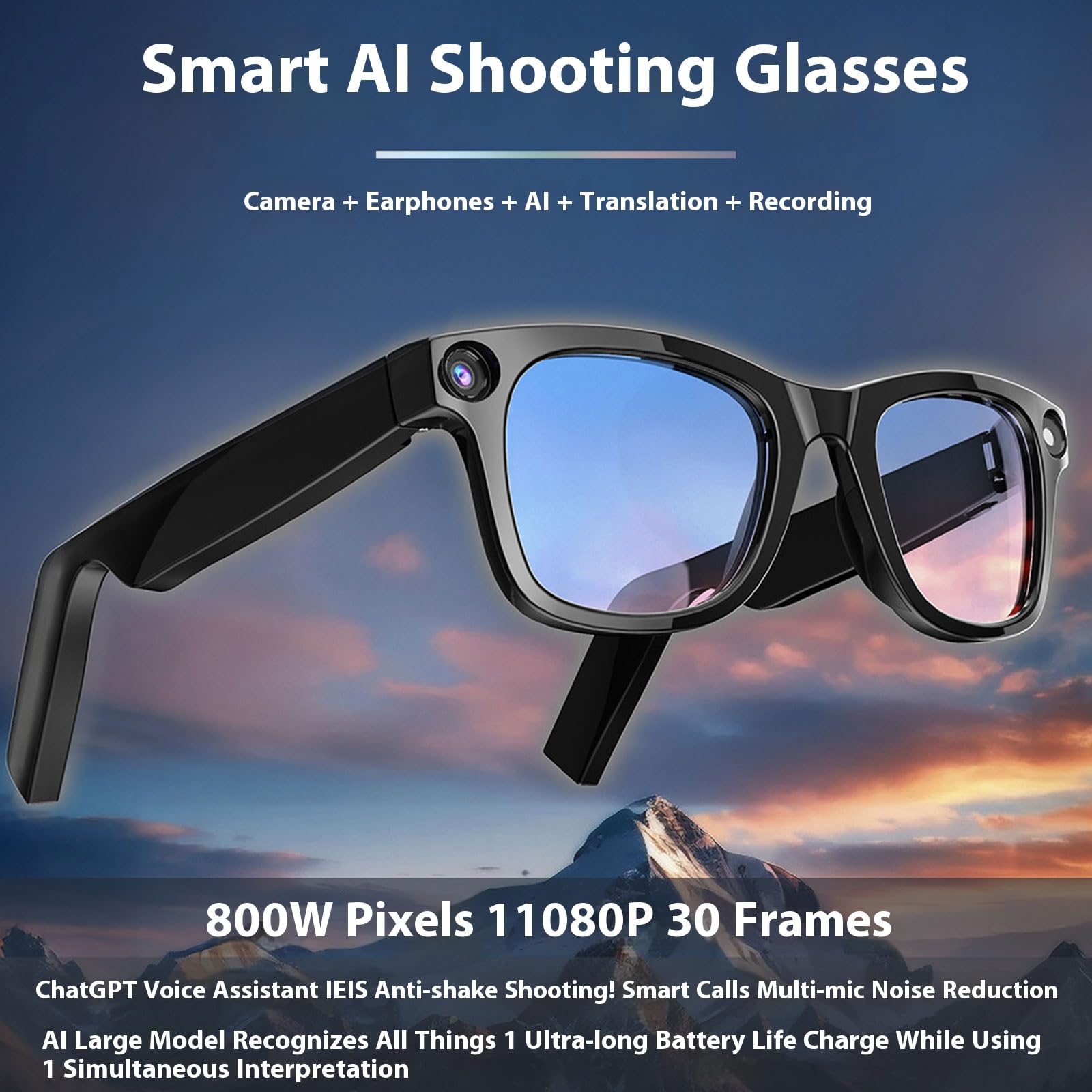 Generico Occhiali intelligenti con fotocamera, occhiali con fotocamera 4k per uomo/donna, occhiali intelligenti AI con registrazione audio e video e traduttore di lingue