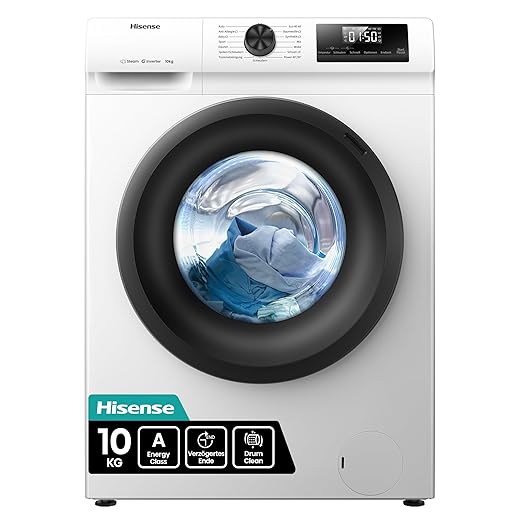 Hisense WF1Q1041BW Washing Machine with Steam Function, 10 kg, 1400 rpm, 15 Programmes, Anti-Allergy Program, Baby Wash, AutoWash, QuickWash 15 Min, Down, Eco 40-60 °C, Power 49 Inch, Energy Efficiency: A, White