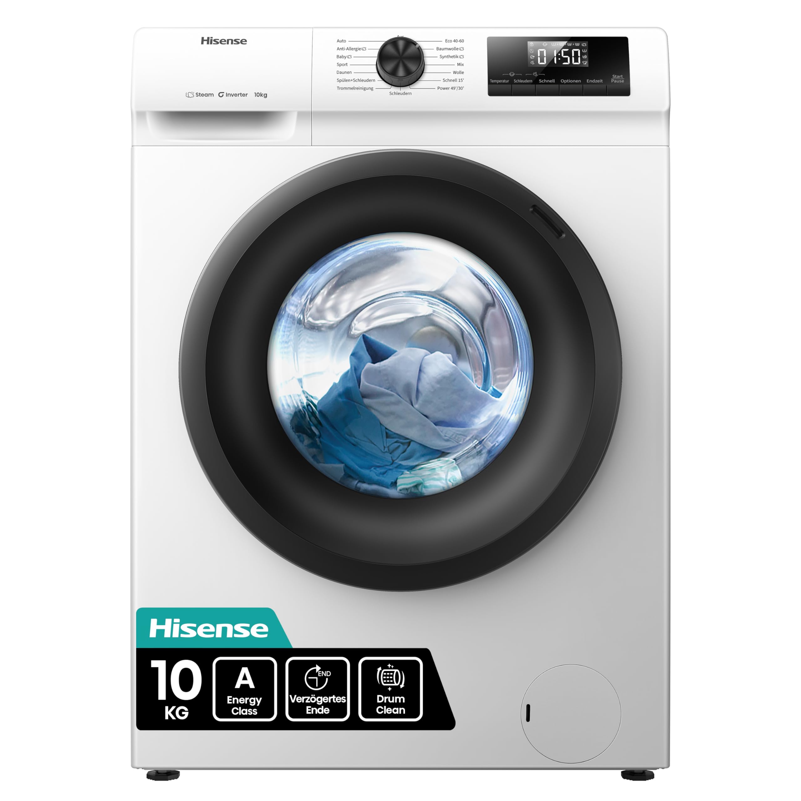 Hisense WF1Q1041BW Waschmaschine mit Dampffunktion, 10KG, 1400 U/Min, 15 Programme, Anti-Allergie Programm, Baby-Wäsche, AutoWash, QuickWash 15 min, Daunen, Eco 40-60 °C, Power 49', EEK: A, Weiß