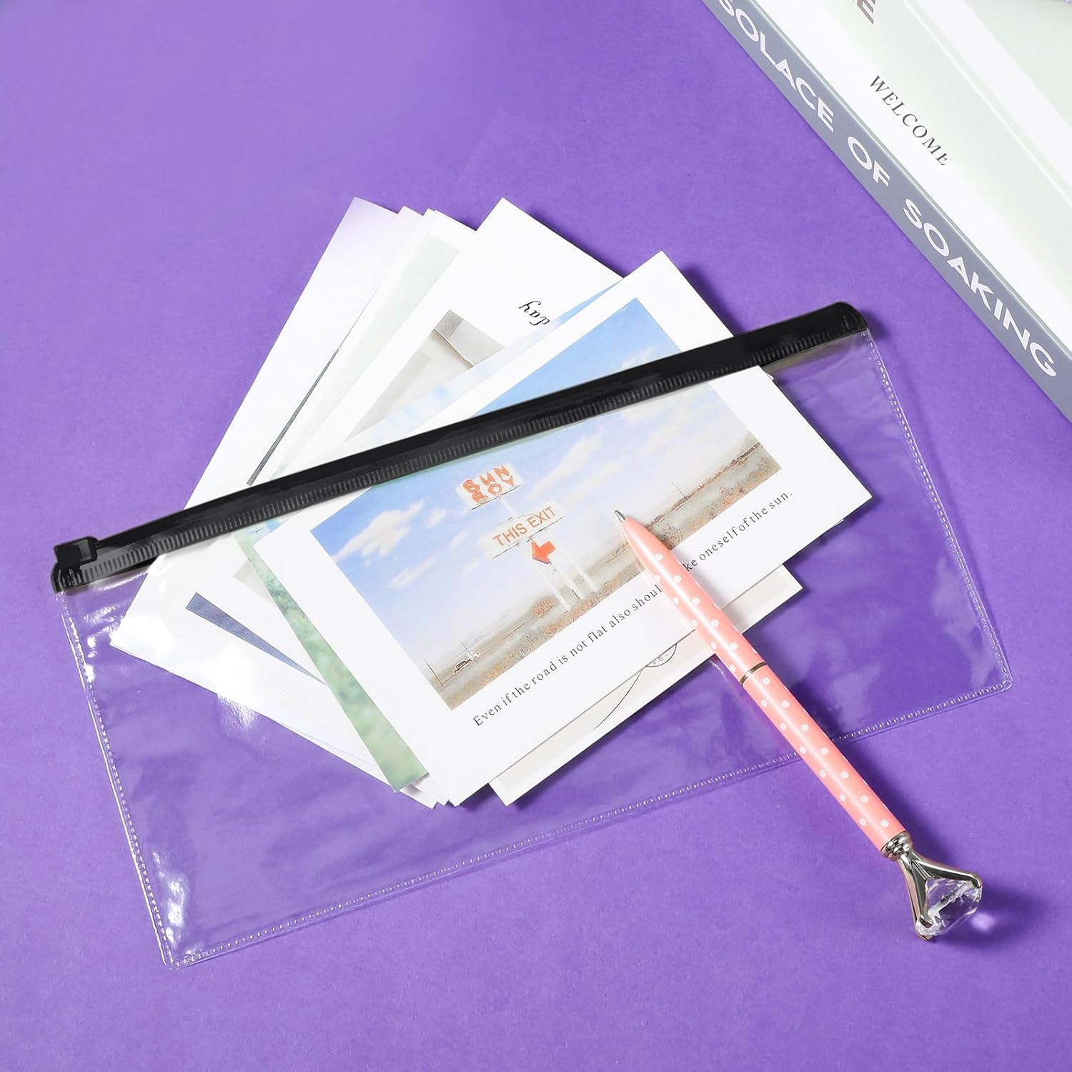 Marspark 100 Pcs Plastic Poly Envelope Small Clear Envelopes with Zipper Pencil Pouches Bulk A6 Pencil Bags for Cash Money Pen Document Office Supplies 9.2 x 4.7 Inches (Black)