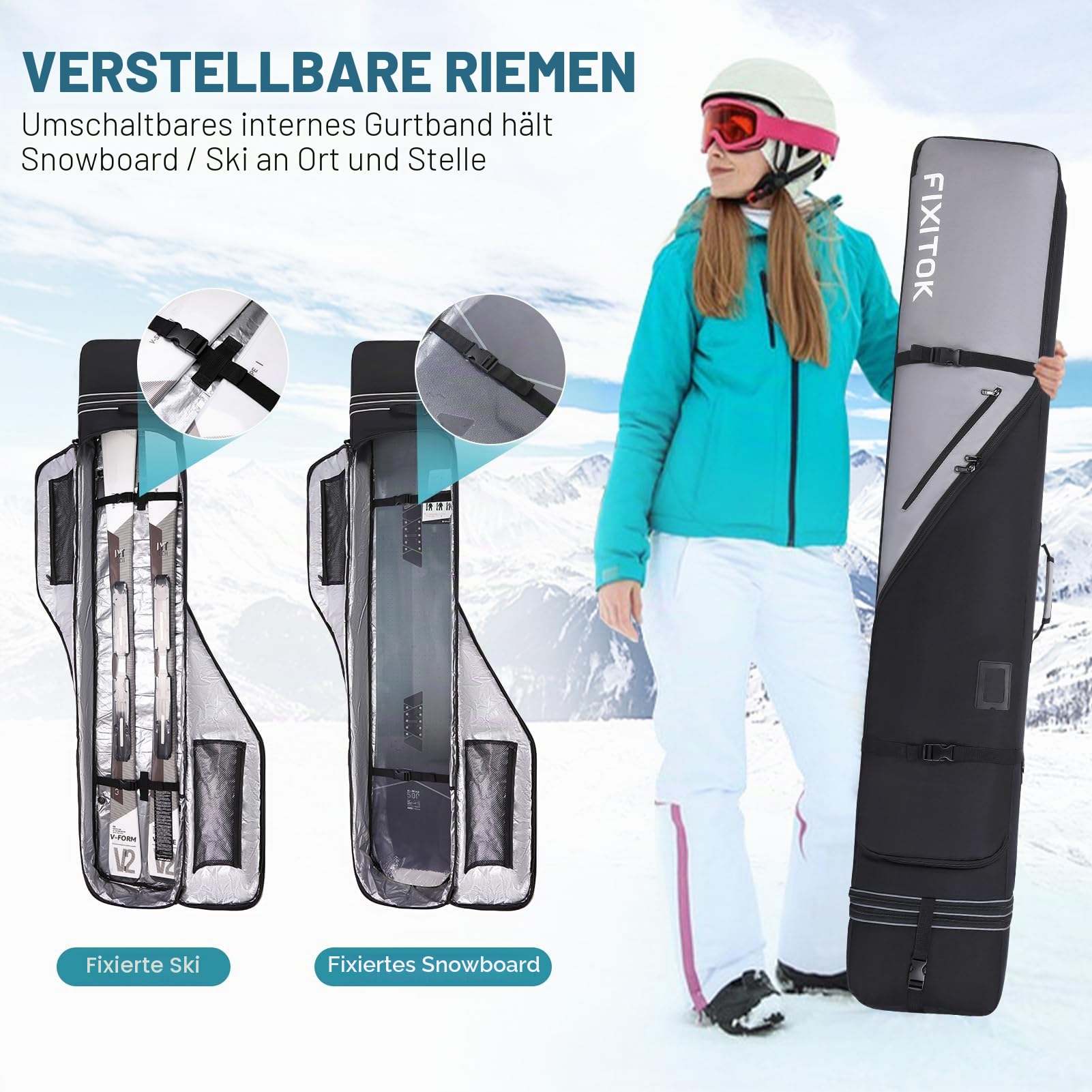 FIXITOK Snowboard & Skitasche für die Luftfahrt, wasserdichte Vollgepolsterte Snowboardtasche für Board, Stiefel, Kleidung, Helm und Ausrüstung, Verstellbare Länge Skitasche (157 cm - 181 cm)