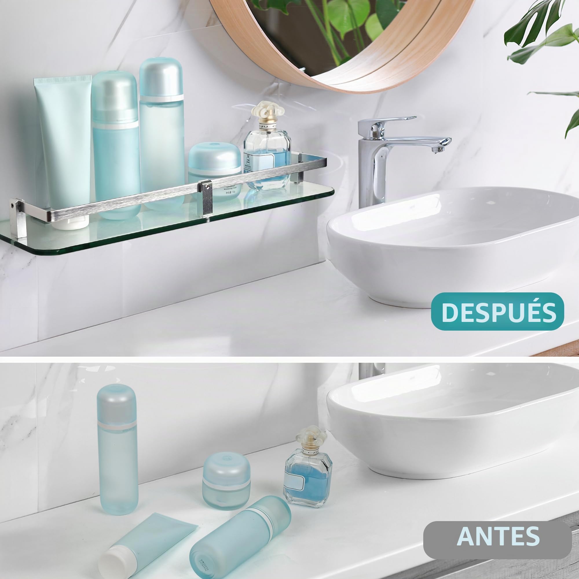 Estantes de cristal de baño montados en la pared, estante de baño de vidrio templado de 40 cm con riel, estante de baño extragrueso de 6 mm