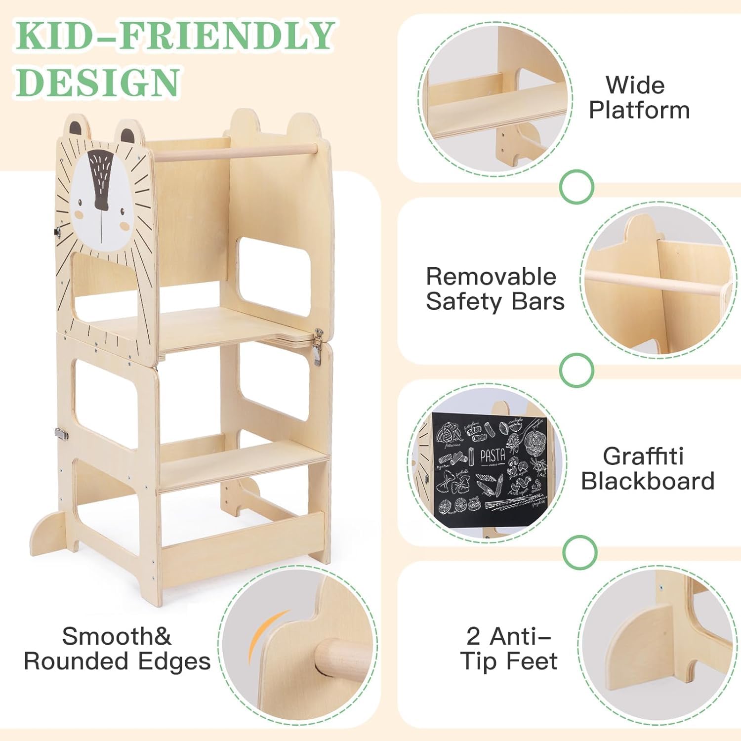 labebe Lernturm für Kinder, Montessori Multifunktion 3 in 1 Lernturm, Höchste Sicherheit Faltbarer Learning Tower