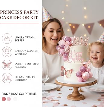 Elegant Crown Cake Topper Set with Golden Birthday Decorations, Butterfly Accents & Princess Crown for Women's Wedding Party Cake Decorations (Rose Gold)