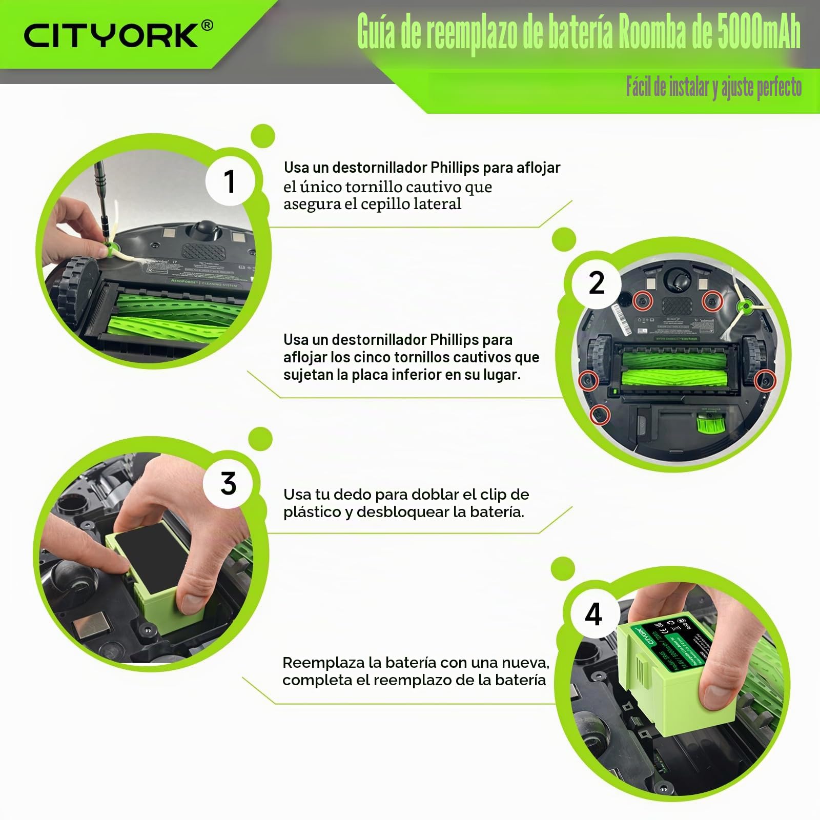 CITYORK ABL-D1/ABL-D2 Li-Ion Batería de Repuesto para iRobot Roomba J7/J7+, J6/J6+, J5+/J5, I8/I8+ Plus J7550, J755020, 7150, J7150, J715020, i8550, i855020 Bateria iRobot Roomba - 14,4V 5000 mAh