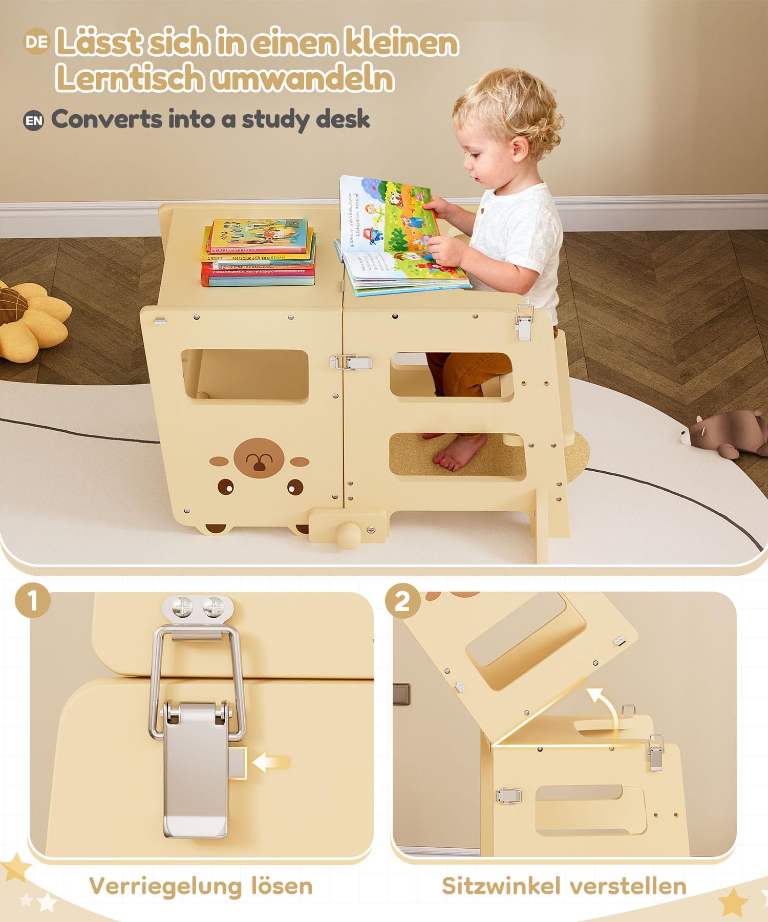 Yorbay Lernturm ab 1 Jahr Klappbar: 2 in 1 Montessori Learning Tower für Kinder mit Tafel - Tritthocker Verwandelbar in Kindertisch Lernstuhl - für Küche Bad und Kinderzimmer