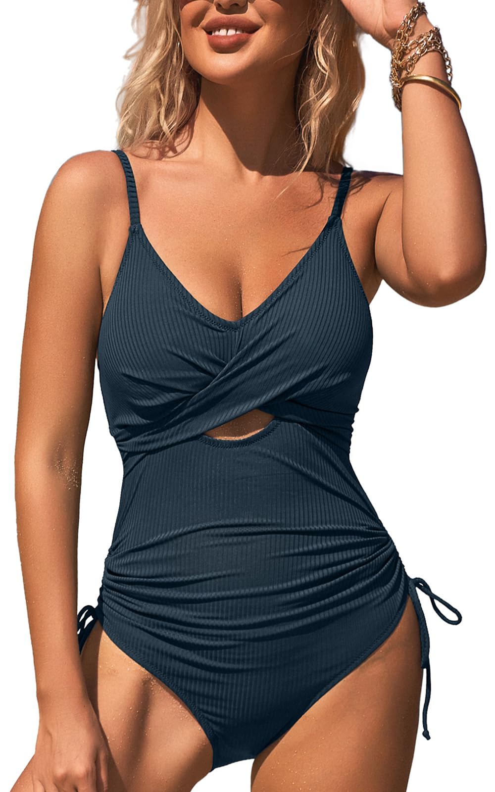 Ribbed One Piece Swimsuit Women Tie Side High Cut Bathing Suit Sexy Twist Front Push Up Monokini Swimwear