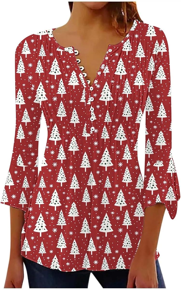 Nantdog Christmas Pajamas for Women 2024 3/4 Shirts V Neck Buttom Dowm Long Sleeve Tops Christmas Pri