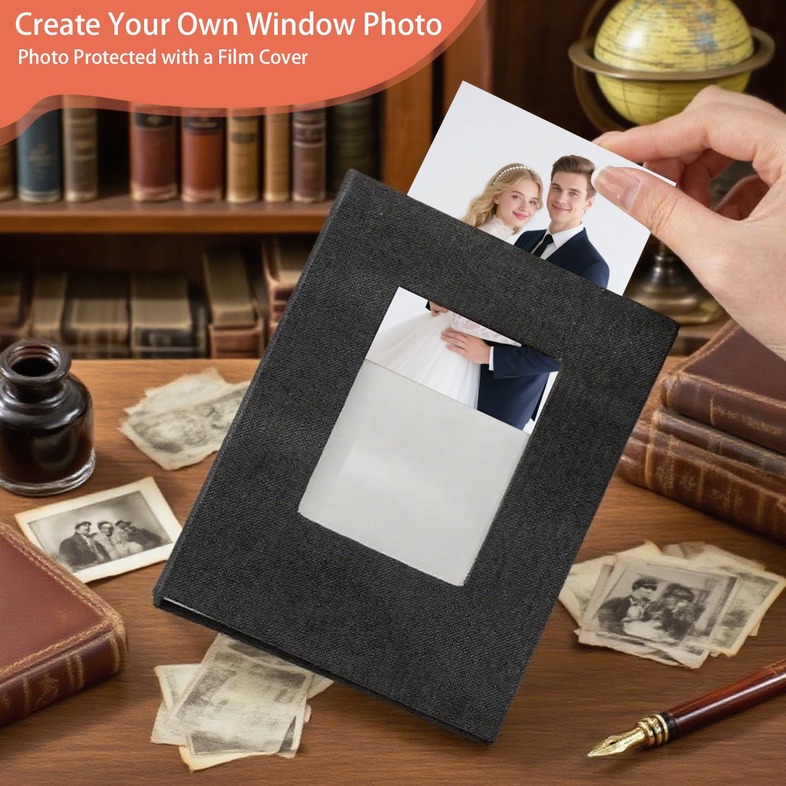 Paquete de 24 álbumes de fotos, libro de recuerdos negro para fotos pequeñas de 4 x 6 pulgadas con ventana frontal, cubierta de lino, 26 páginas transparentes con capacidad para 52 fotos para