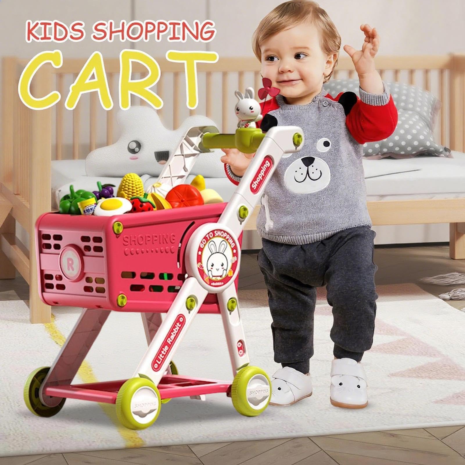 Kinder Einkaufswagen Spielzeug Interaktives Rollenspiel mit Lernspielküche | Spiellebensmittel-Kindereinkaufswagen Spielküchen-Zubehör für Mädchen Kleinkinder Kindergartenkinder Geburtstag Feierta