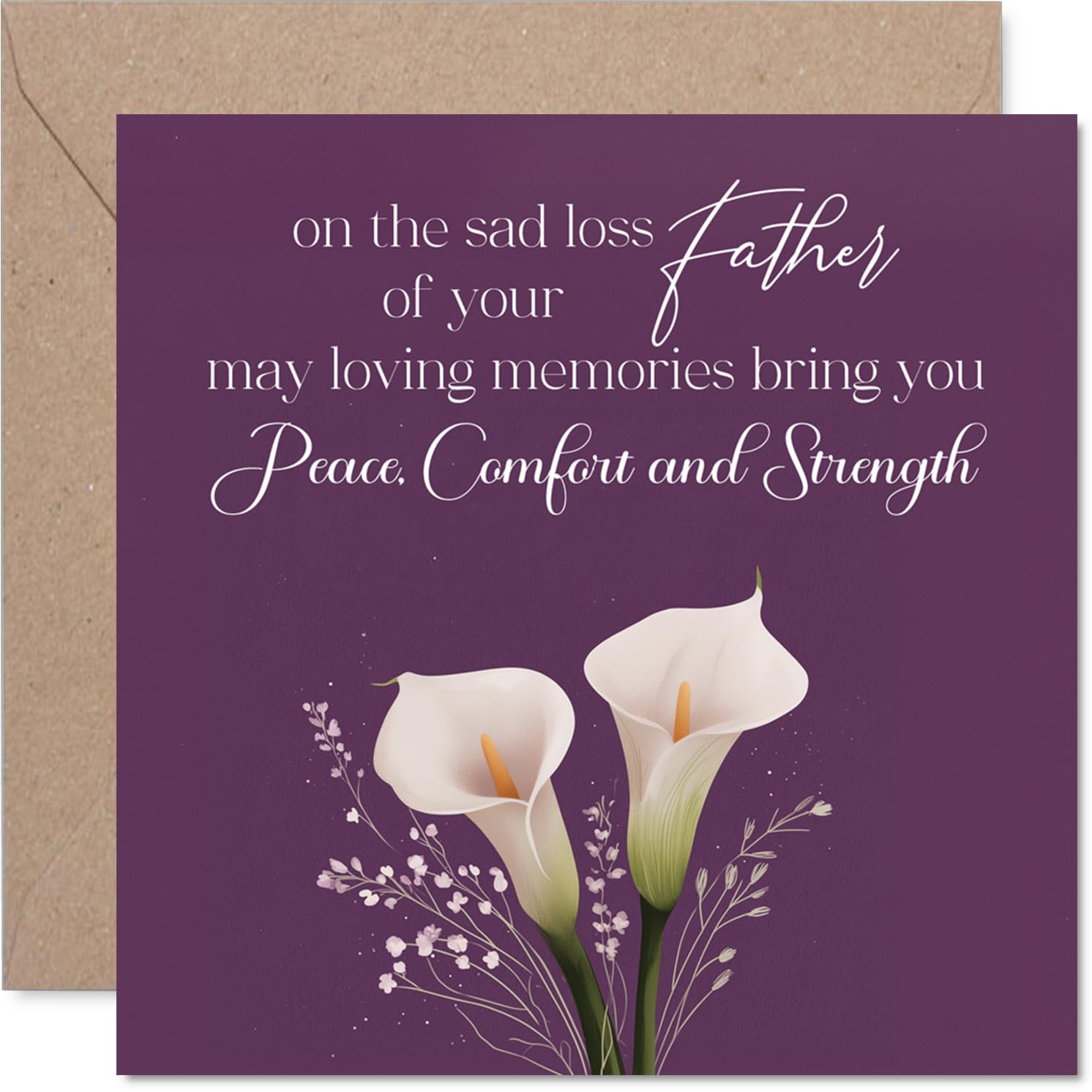 Comforting Sympathy Card - Loss of Father - Sincere Condolences at a Difficult Time - Elegant Calla Lilies on Gentle Purple - 145mm Square, Envelope Included