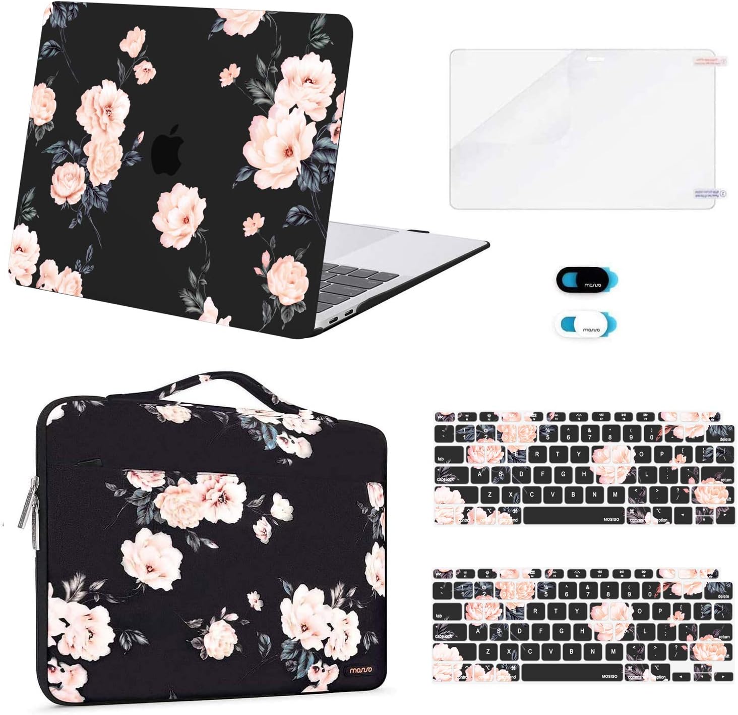 MOSISO Compatible with MacBook Air 13 inch Case 2022 2021 2020 2019 2018 Release A2337 M1 A2179 A1932 Retina, Plastic Camellia Hard Shell Case&Bag&Keyboard Skin&Webcam Cover&Screen Protector, Black